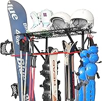 PLKOW Wall Mounted Ski Rack with Top Shelf - Heavy Duty Steel Garage Storage, Adjustable 16-24" Spacing, 280 lbs Capacity