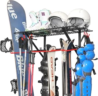 PLKOW Wall Mounted Ski Rack with Top Shelf - Heavy Duty Steel Garage Storage, Adjustable 16-24" Spacing, 280 lbs Capacity