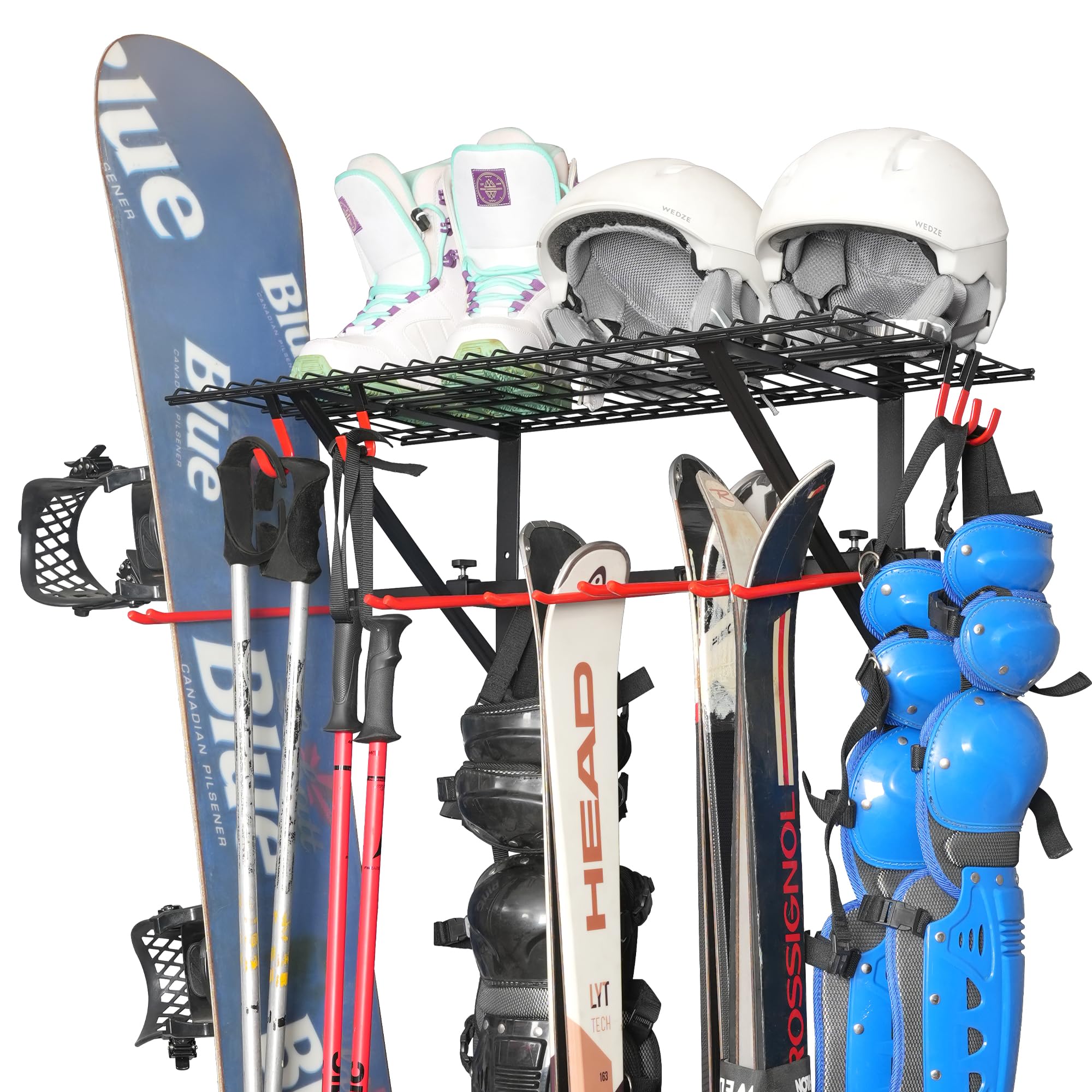 PLKOW Wall-Mounted Ski Rack, Skis Storage Rack for Garage Shed with Top Storage Shelf, Customizable Spacing, Supports Up to 280 lbs, Steel