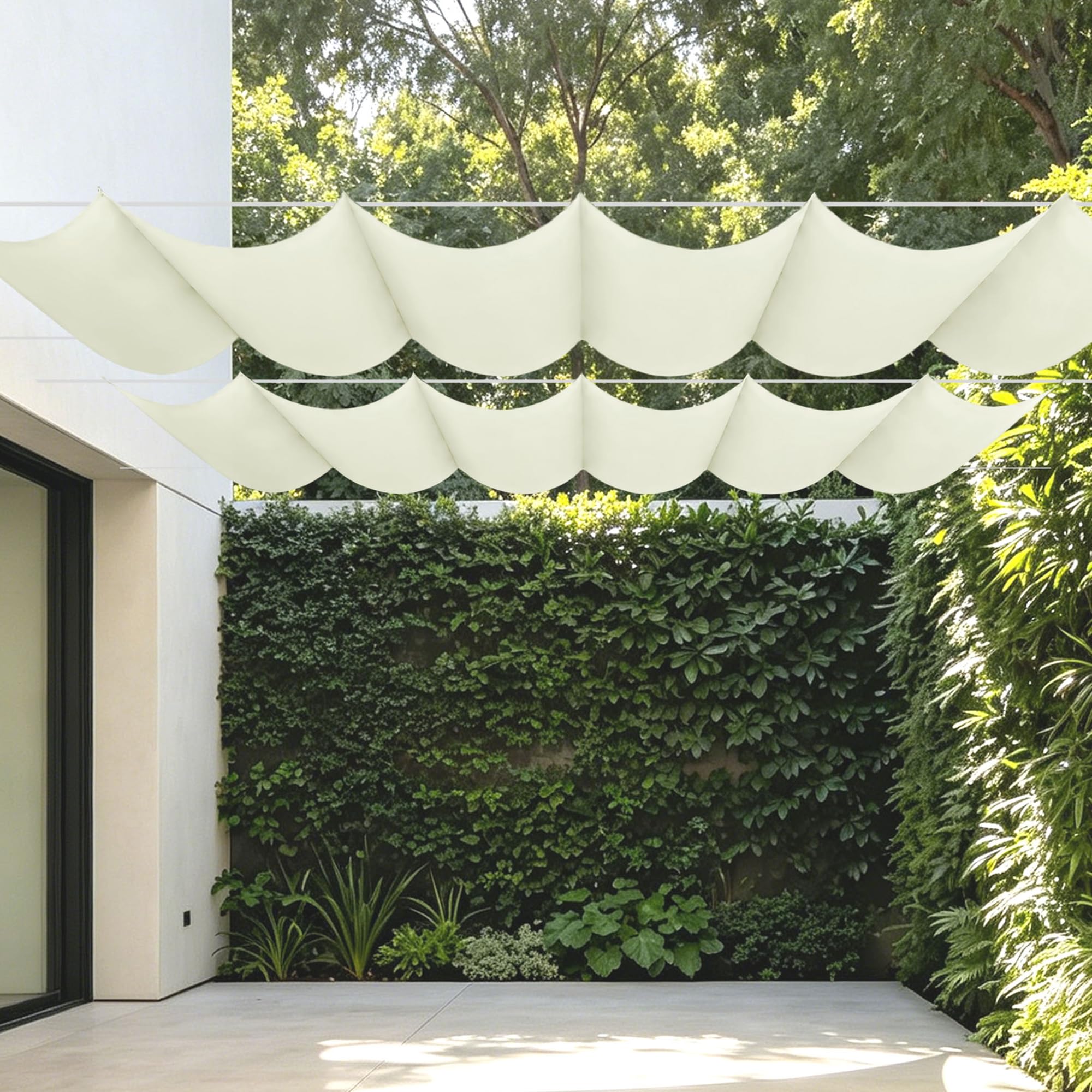 Toile ombrage rétractable vague 900x440 cm blanc cassé pour terrasse
