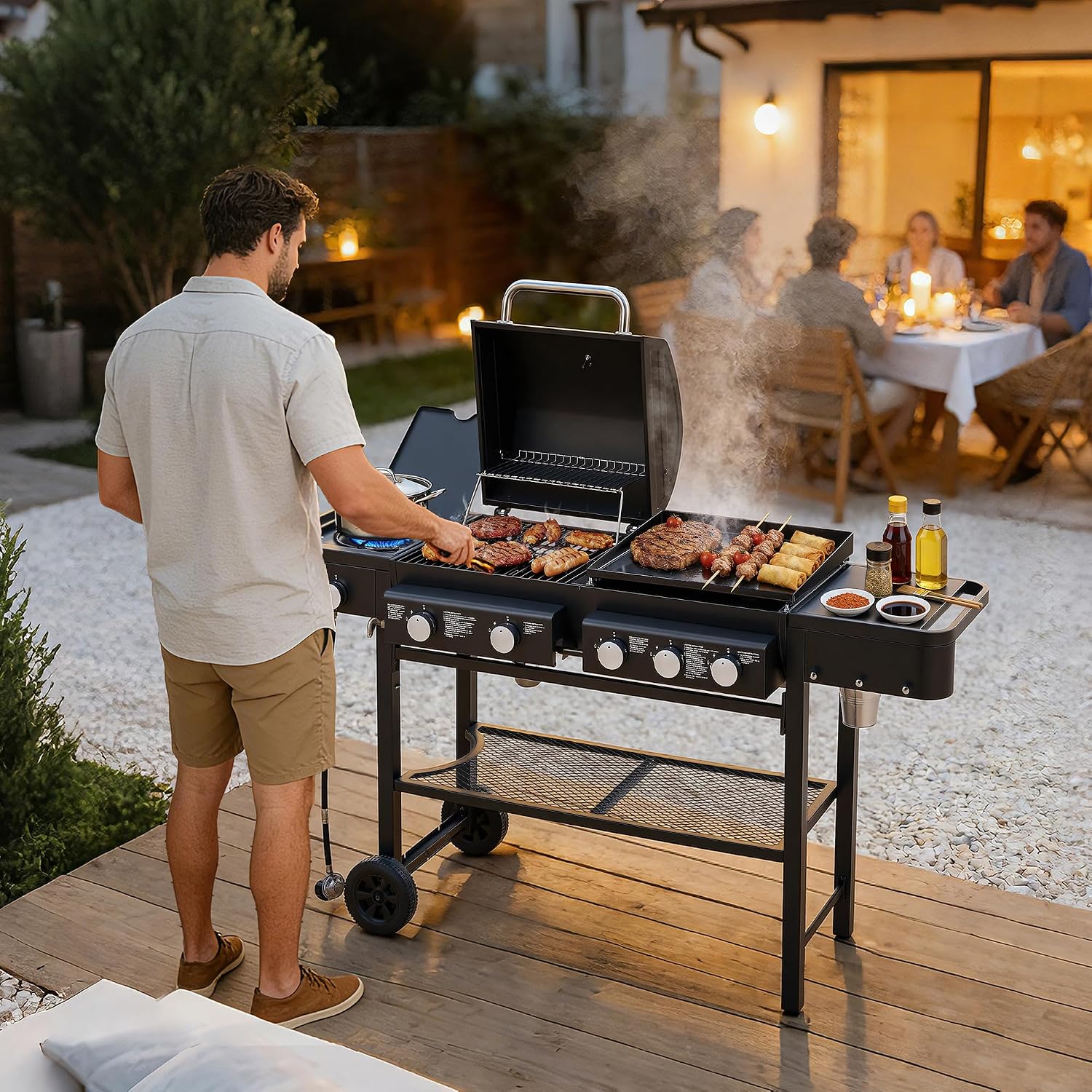 Black 2 Burner Propane Gas BBQ Grill with Side Burner, 24000 BTU Output Stainless Steel Barbecue Grill with Enameled Grates and Side Tables for Outdoor Cooking Patio Backyard (2+1)