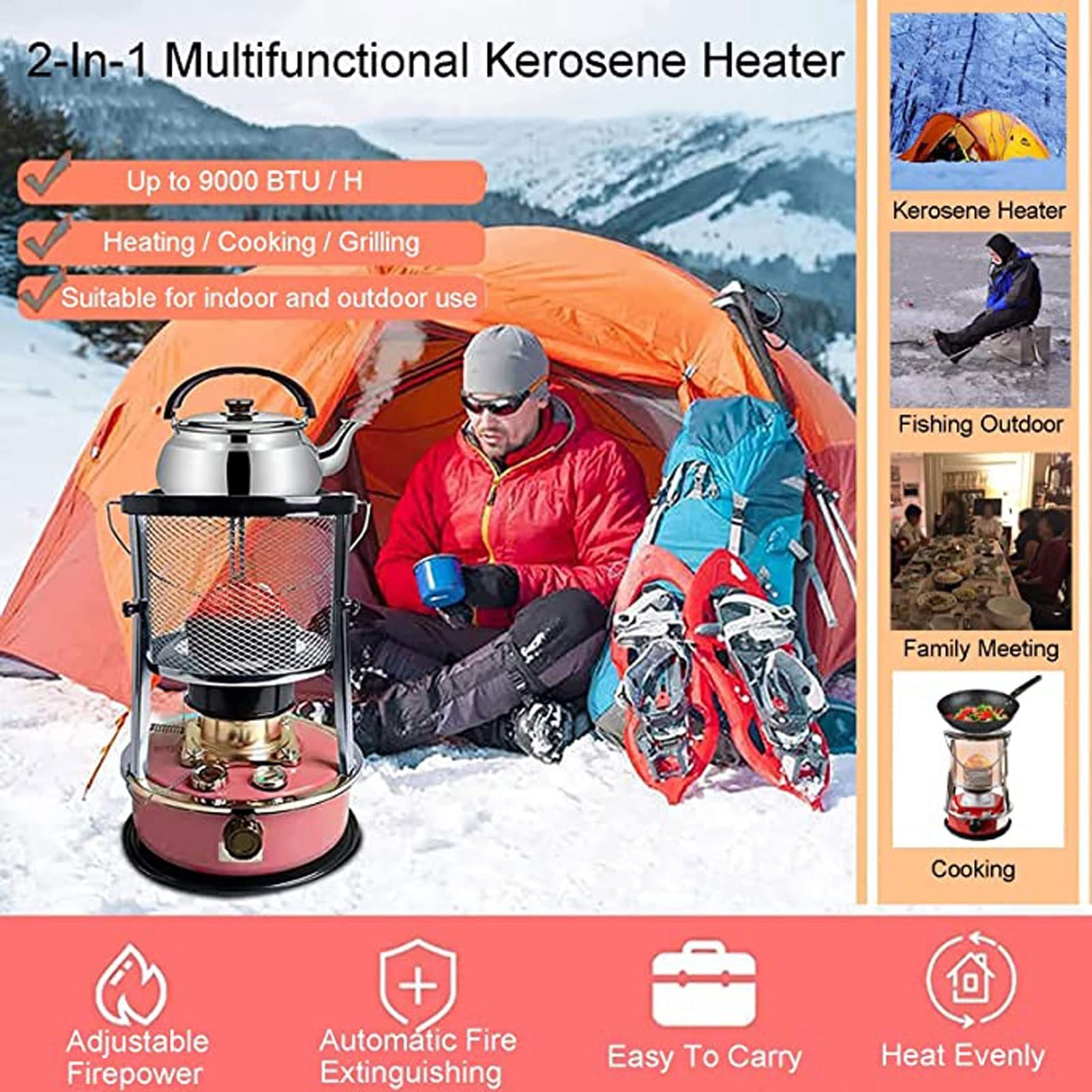 Calentadores de Parafina, Estufa de Queroseno para Interior, Eficaz 360° Calefacción Envolvente Potencia de Fuego Ajustable/Red