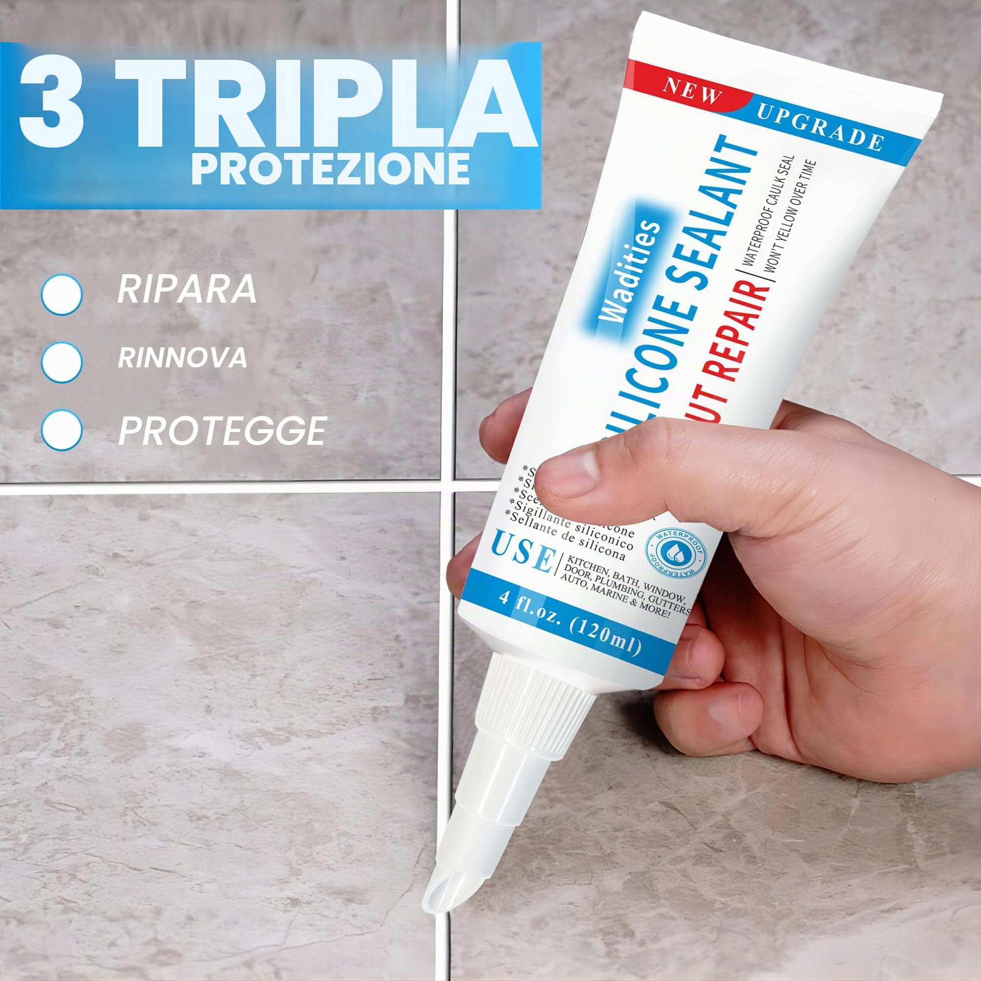 8Oz Bianco Impermeabile Sigillante Silicone Caulk, Wadities Kit per la riparazione delle fughe delle piastrelle con raschietto di rimozione, per bagno, doccia, cucina, pavimento (4Oz, Confezione da 2)