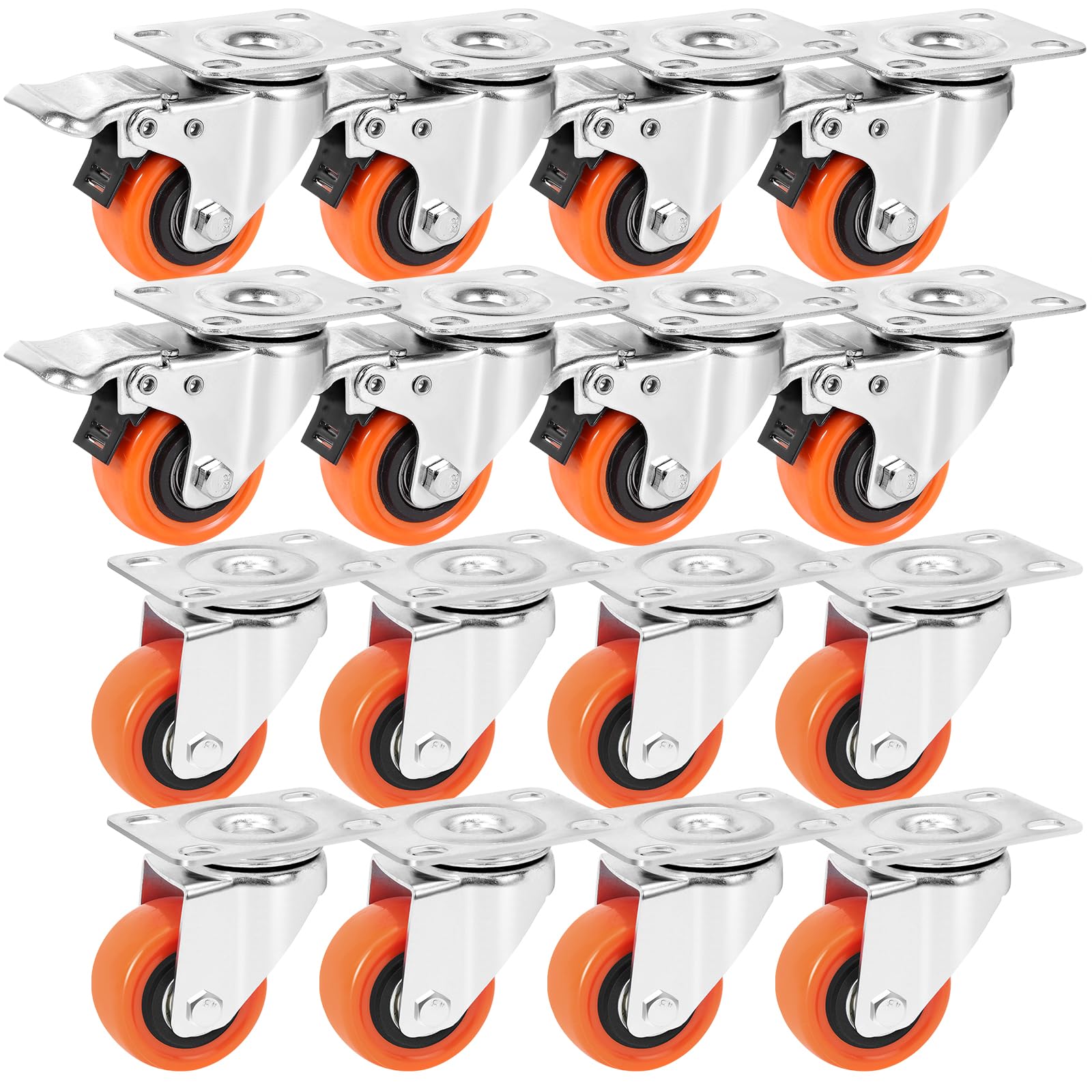 W B D WEIBIDA 2-inch Castor Wheels with Dual Locking, 150Lbs Load Capacity per one, No Noise & Durable Polyurethane Caster Wheels for Cart, Trolley, Furniture, Equipment, Set of 16(8 Brake & 8 Rigid) — image 1