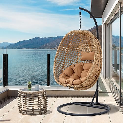 Miniatura 7 de MEMUY Silla colgante de huevo con soporte, silla oscilante de huevo con soporte, silla de mimbre de ratán para interiores y exteriores con