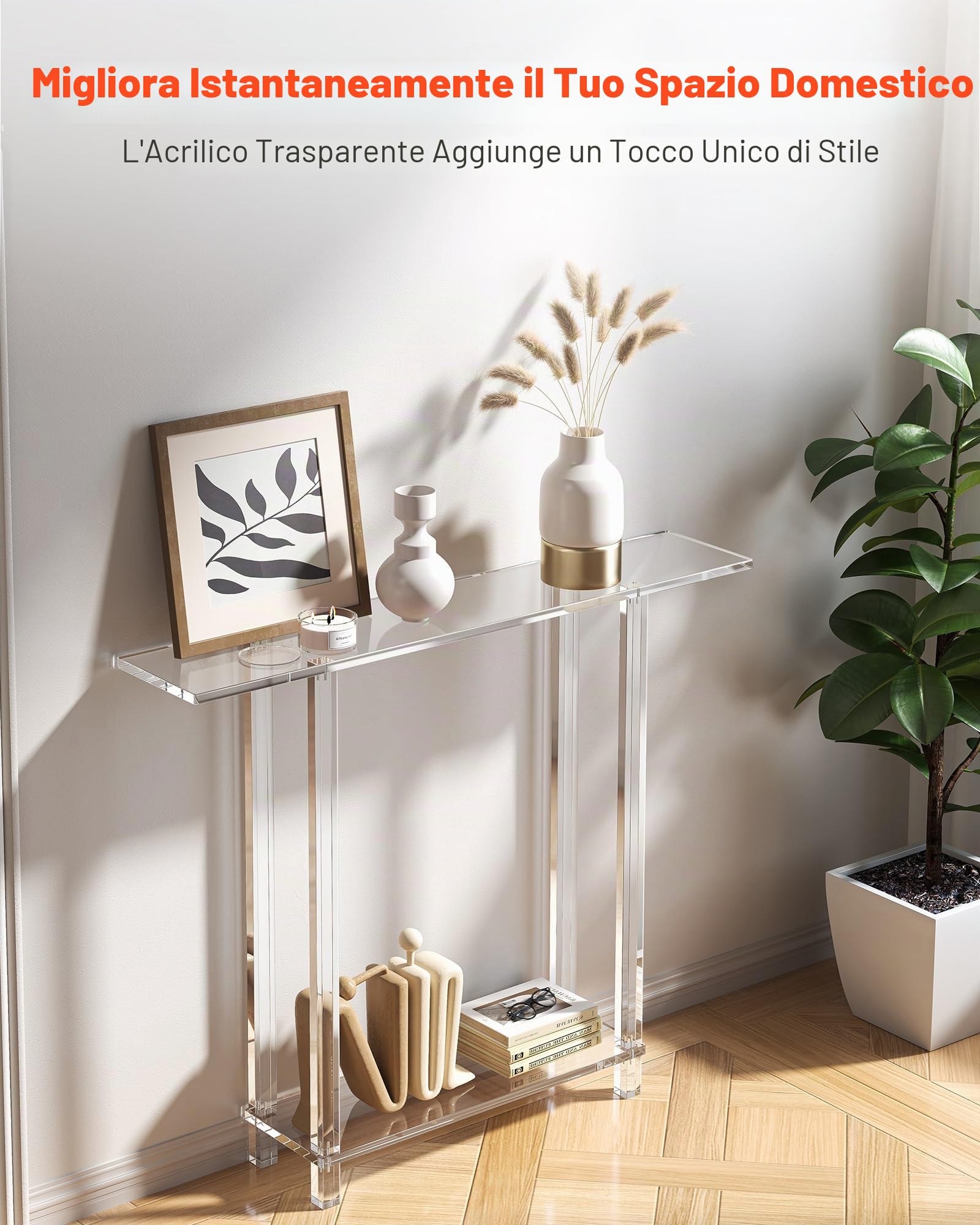 VEVOR Tavolo Consolle in Acrilico, con 2 Ripiani e Vano Portaoggetti Sottostante, Tavolino Rettangolare Moderno, Tavolo da Ingresso per Atrio, Corridoio, 19,3 x 100 x 80 cm, Trasparente