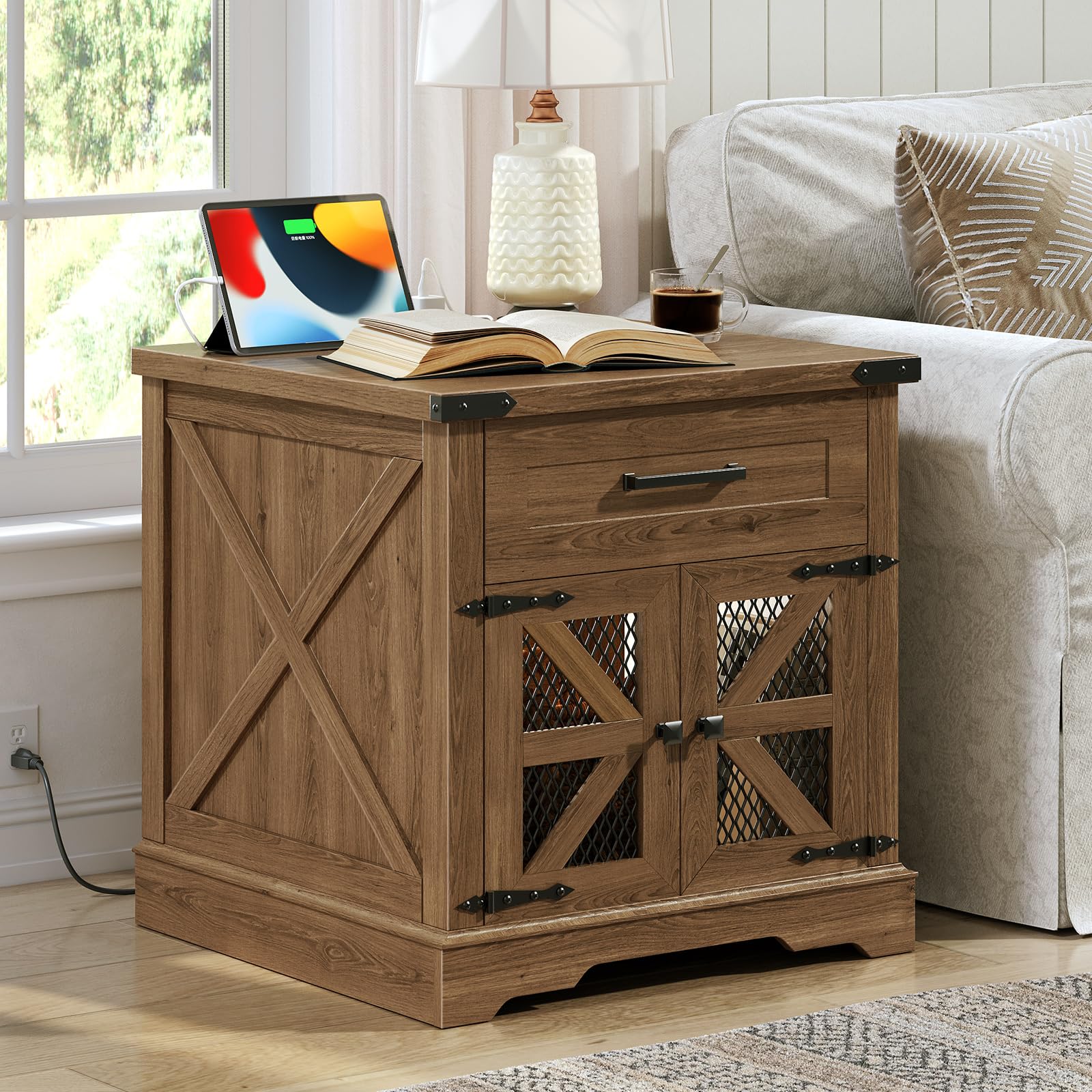 RALGEND Walnut Farmhouse End Table with Charging Station