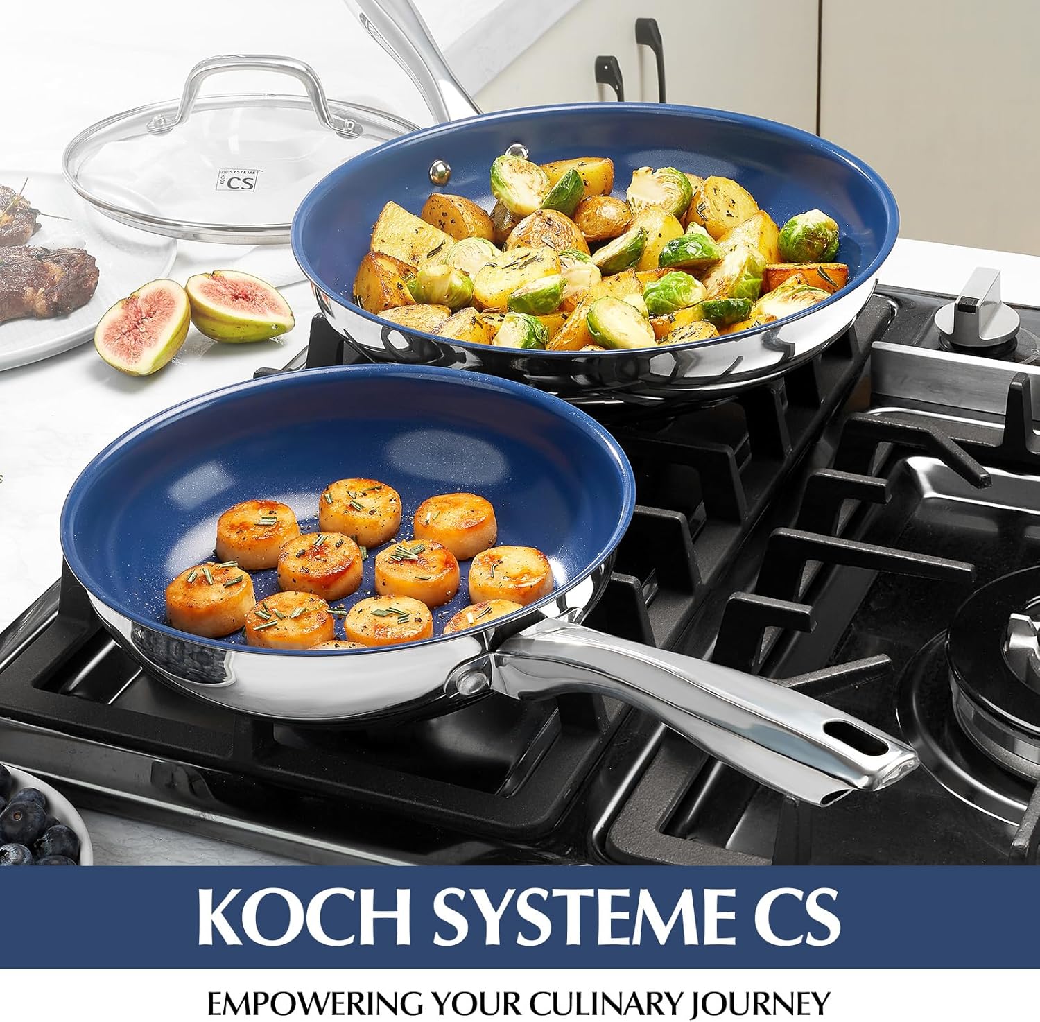 KOCH SYSTEME CS Stainless Steel Frying Pan with Lid, 12 Inch Pan with Nonstick Blue Ceramic Coating, Nonstick Skillet, Induction Compatible
