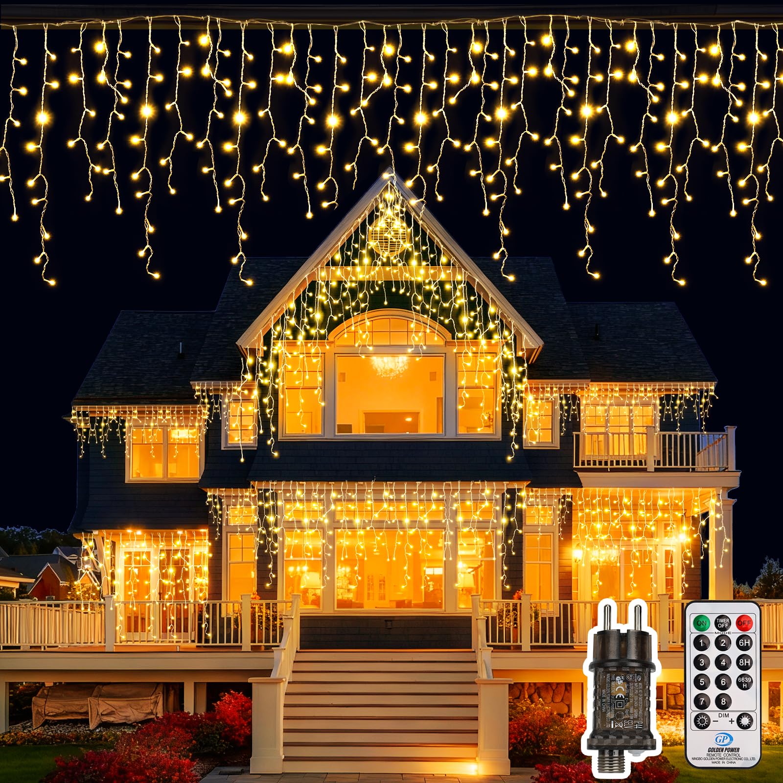 Eisregen Lichterkette Außen, 10M 408LED Weihnachtsbeleuchtung Aussen mit Fernbedienung Timer 8 Modi IP44 Wasserdicht Lichtervorhang für Balkon Haus Traufe Vorbau Geländer Warmweiß
