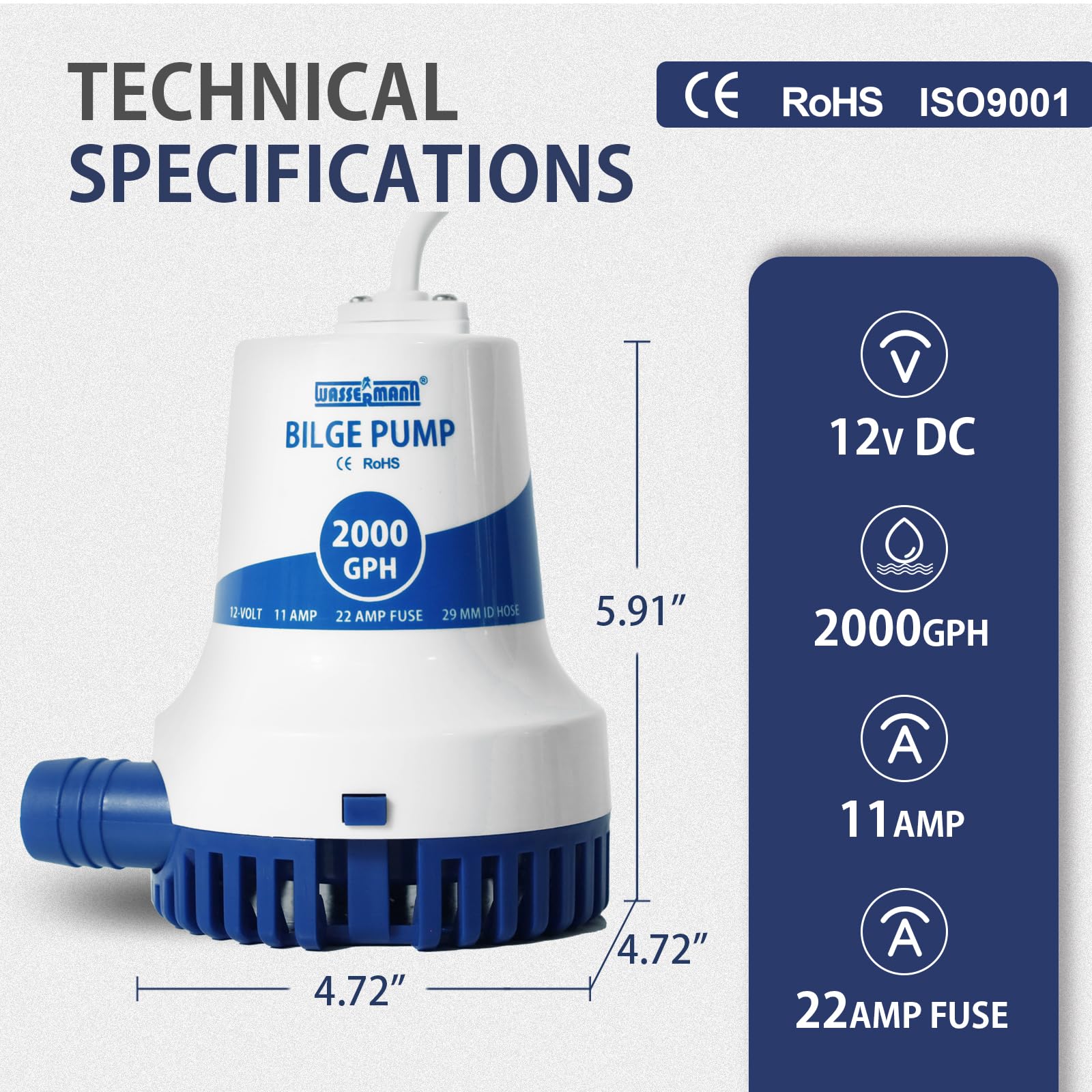 WASSERMANN 2000GPH Prime Bomba de achique de 12 V, bombas de agua sumergibles marinas de alta resistencia mejoradas para embarcaciones con cable de alimentación largo y protección antibloqueo de aire