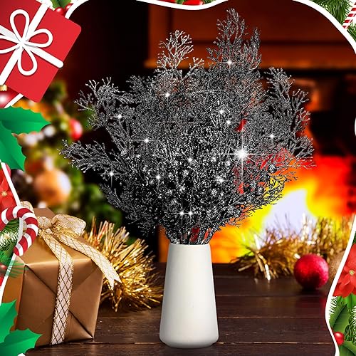 Miniatura 28 de Tigeen 12 piezas de selecciones de árbol de Navidad artificiales a granel, relleno de árbol de Navidad con purpurina, bayas, tallos de ramas, ramas