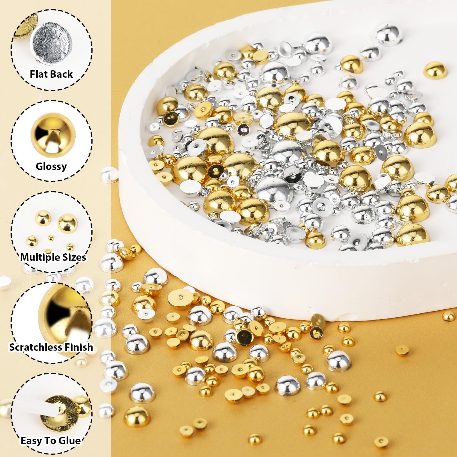Giantree Halfronde kralen, halfronde kralen in gemengde maten, strass-steentjes voor manicure, gezichtskunst, knutselen, sieraden (zilvergoud