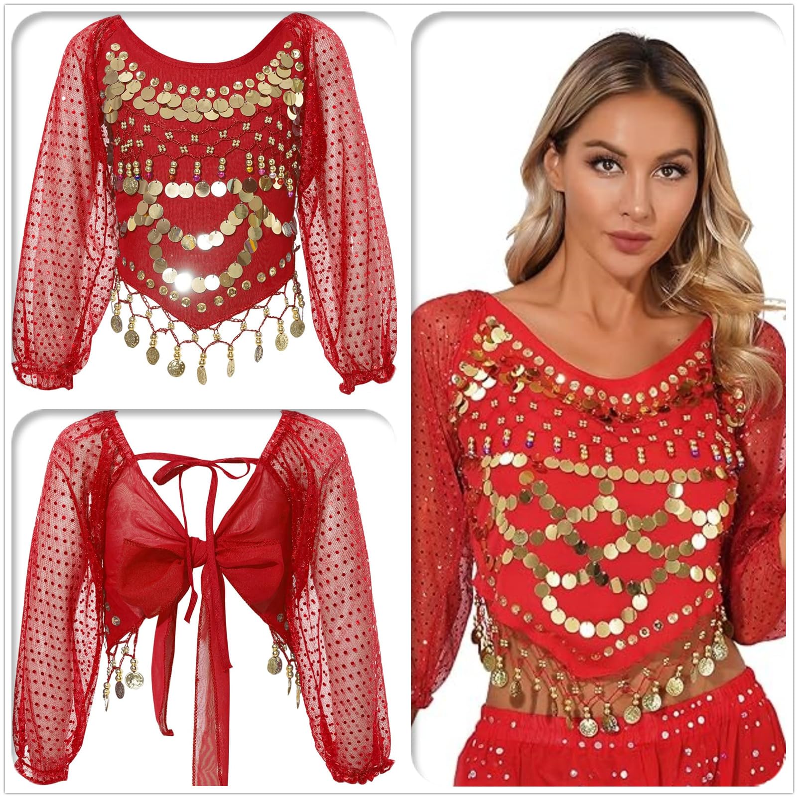 Camiseta de danza del vientre para mujer, manga larga abombada, de gasa, con lentejuelas, para danza del vientre, blusa con borlas y monedas con purpurina para festivales, club, camiseta corta tribal
