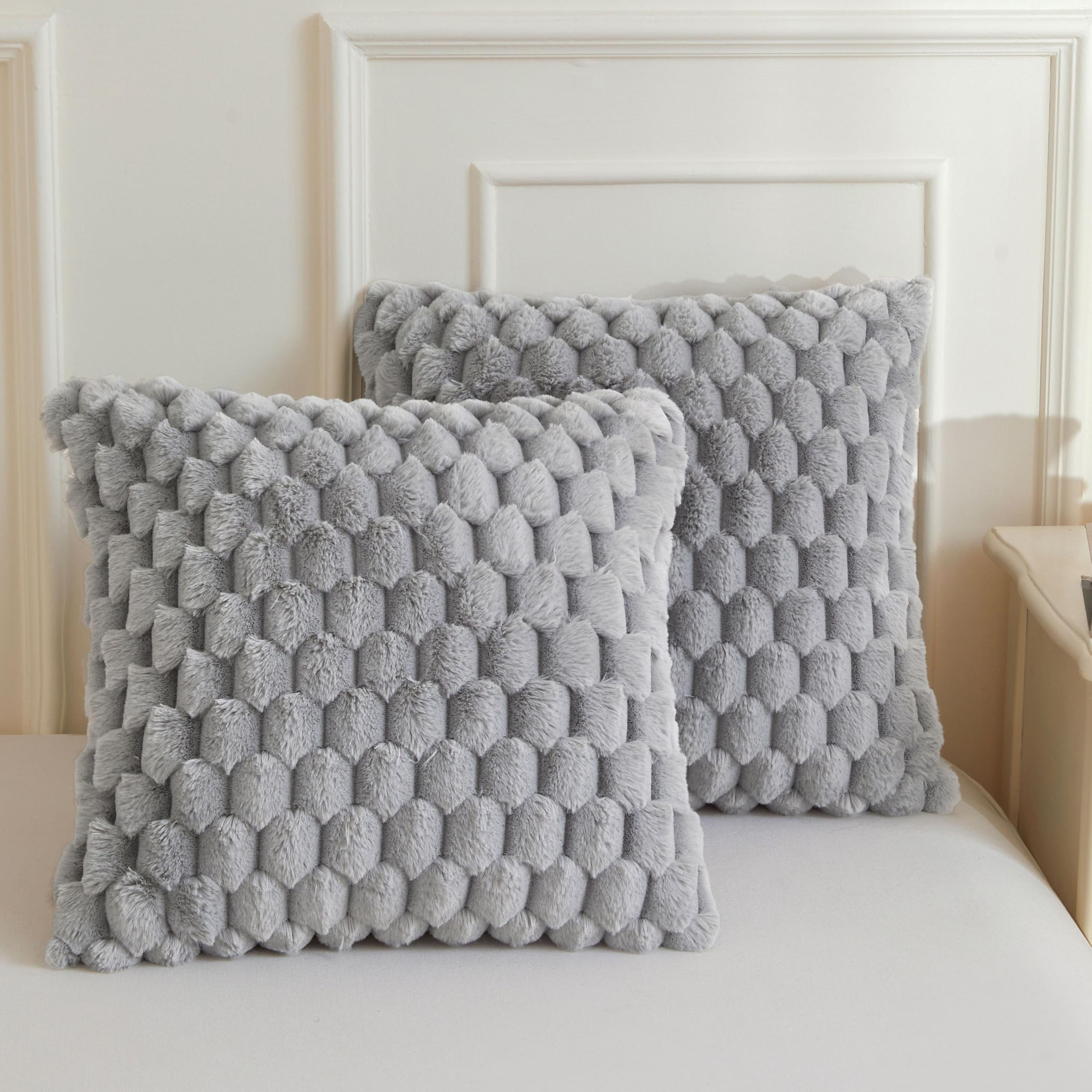 XeGe Bubble Fluffy Faux Rabbit Fur Decor Cushion Covers 45x45cm, Light Grey