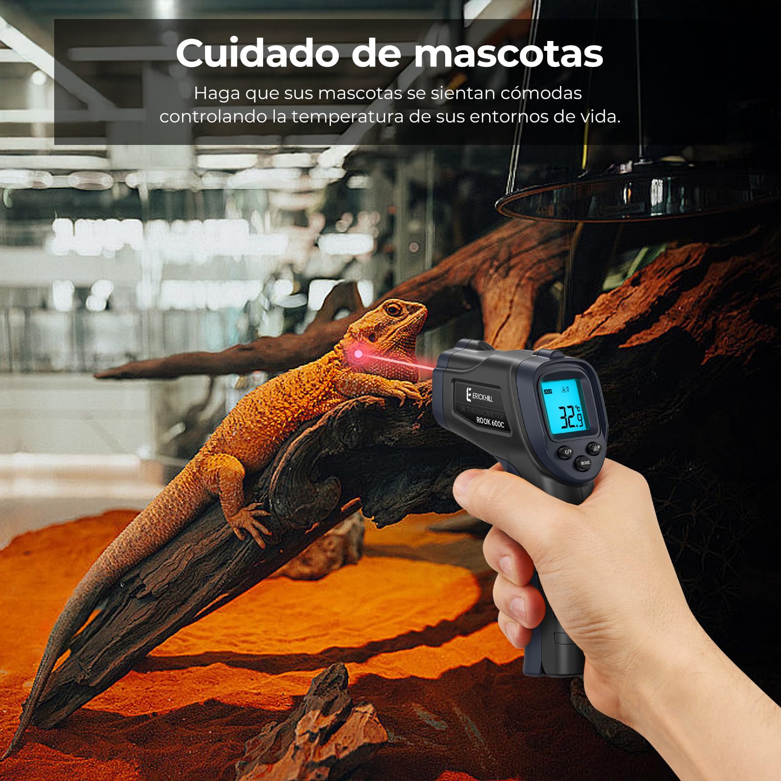 ERICKHILL Termómetro infrarrojo -50°C~600°C Pistola láser sin contacto LCD Pantalla retroiluminada Emisividad ajustable
