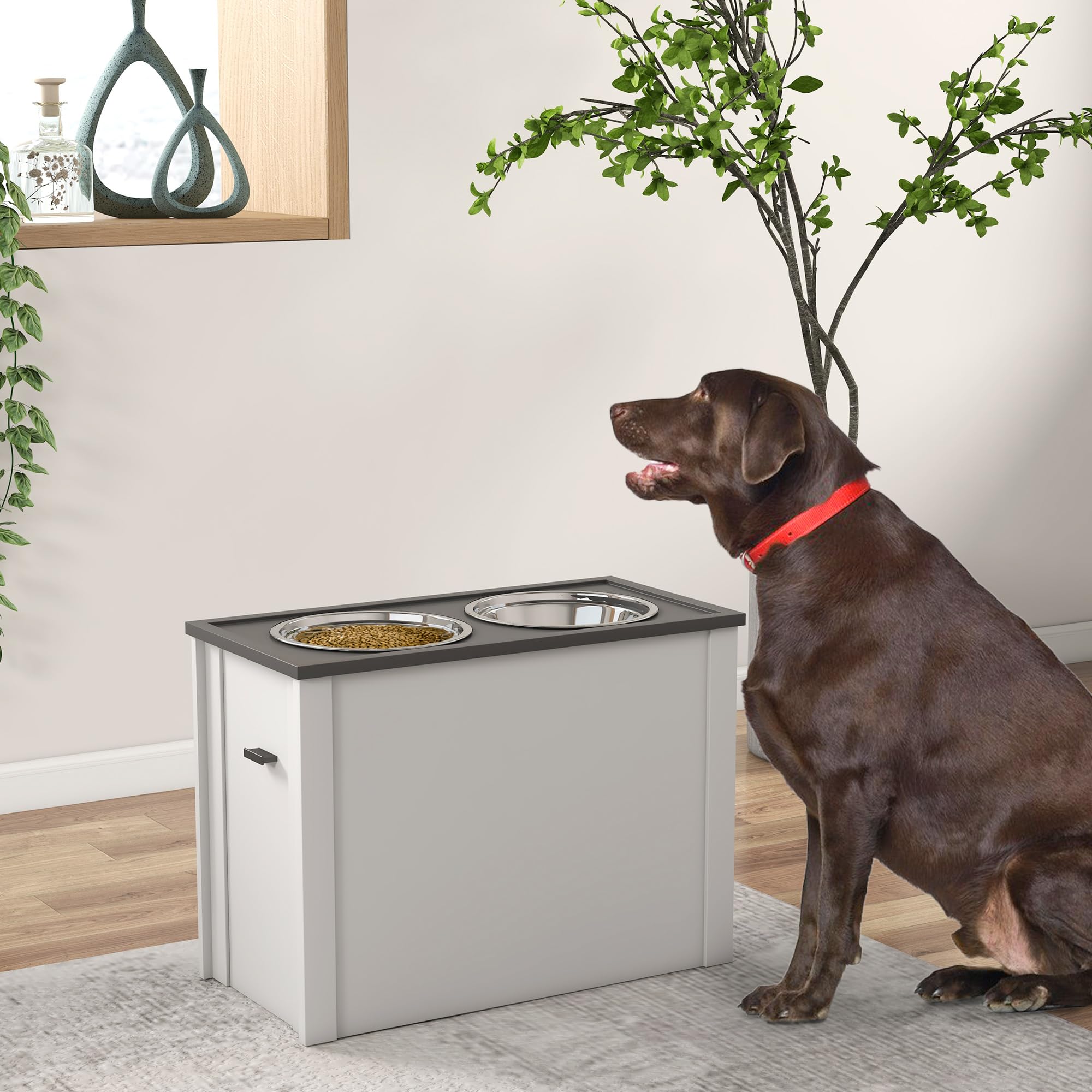 PawHut Erhöhter Hundenapf Futternapf mit Ständer Wassernapf 2 x 2L Edelstahlnäpfen Langsamfutternapf für Große Hunde, Weiß