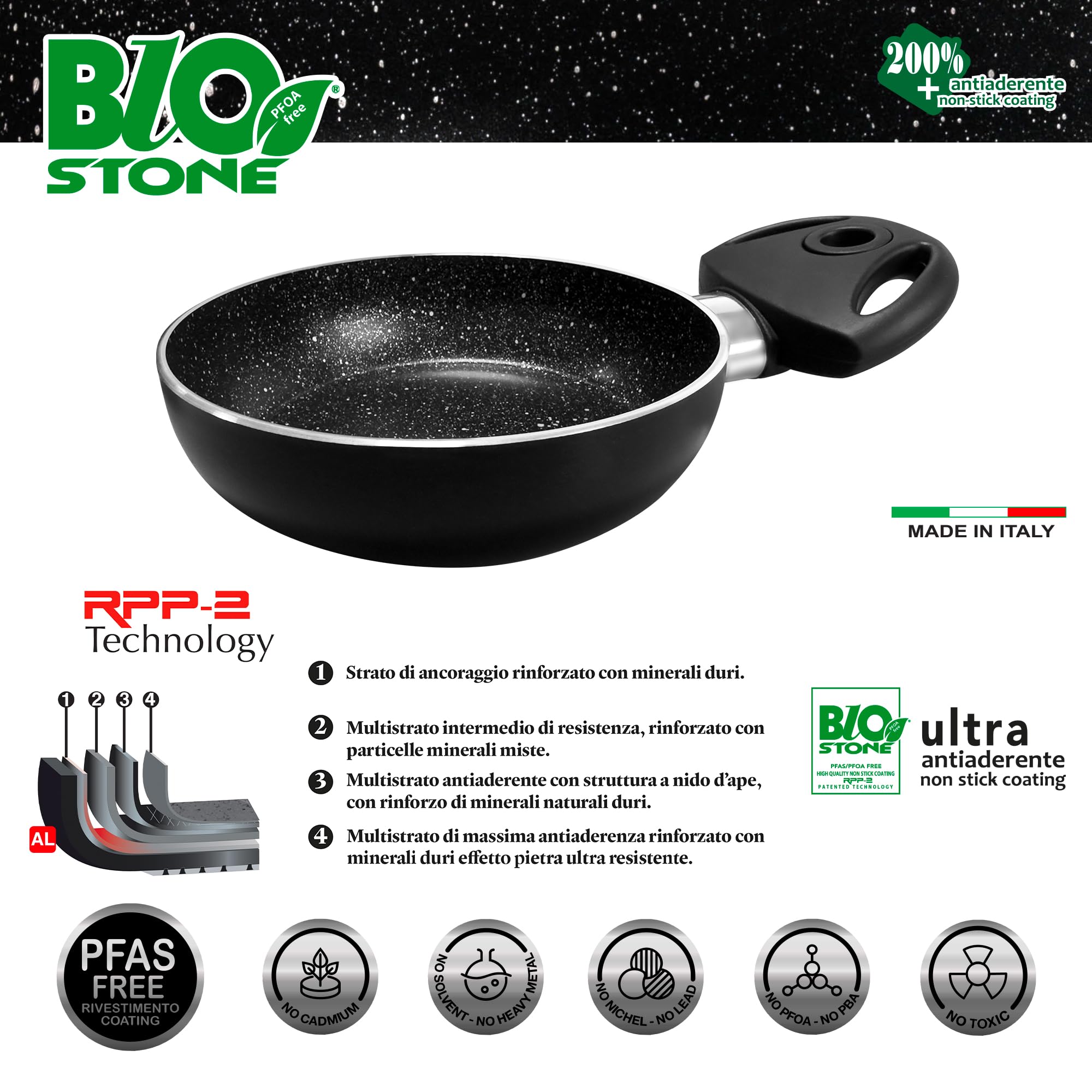 Pensofal, Tegamino, Serie BioStone®, Alluminio con rivestimento antiaderente, Diametro 14 cm, 1 Maniglia in bakelite, Adatta All'induzione, Effetto Pietra, Nero