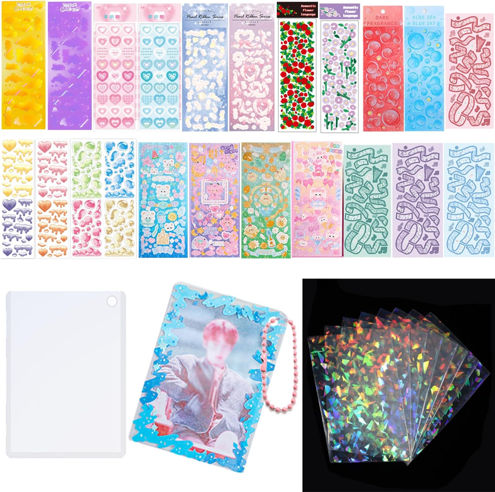6 Kpop Photocard Holder Keychain Toploaders,50 Holographic Card Sleeves for Trading Cards Kpop Photocard,22 Ribbon Deco Korean Stickers for Photocards Binder Album Scrapbooking Top Loader