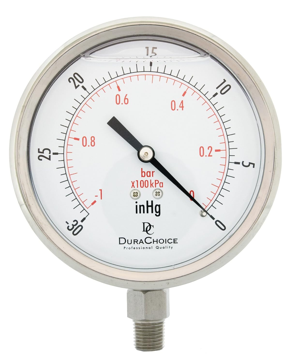 4" All Stainless Steel Oil Filled Vacuum Pressure Gauge - 1/4" NPT Lower Mount, 30HG/0PSI