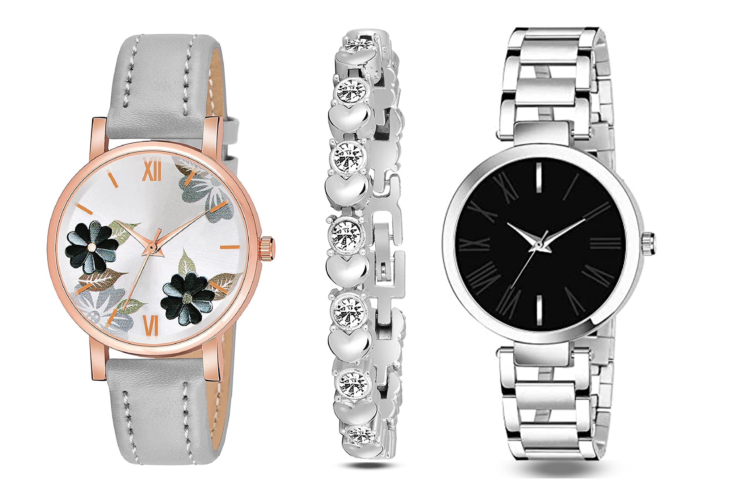 K Vajir Analogue Quartz Combo Stainless Steel and Leather Belt Watch | Stylish Flower Metal Dial Watch for Girls and Woman (Pack of 2 (Grey) (B0BN1SK54Y) Amazon Price History, Amazon Price Tracker