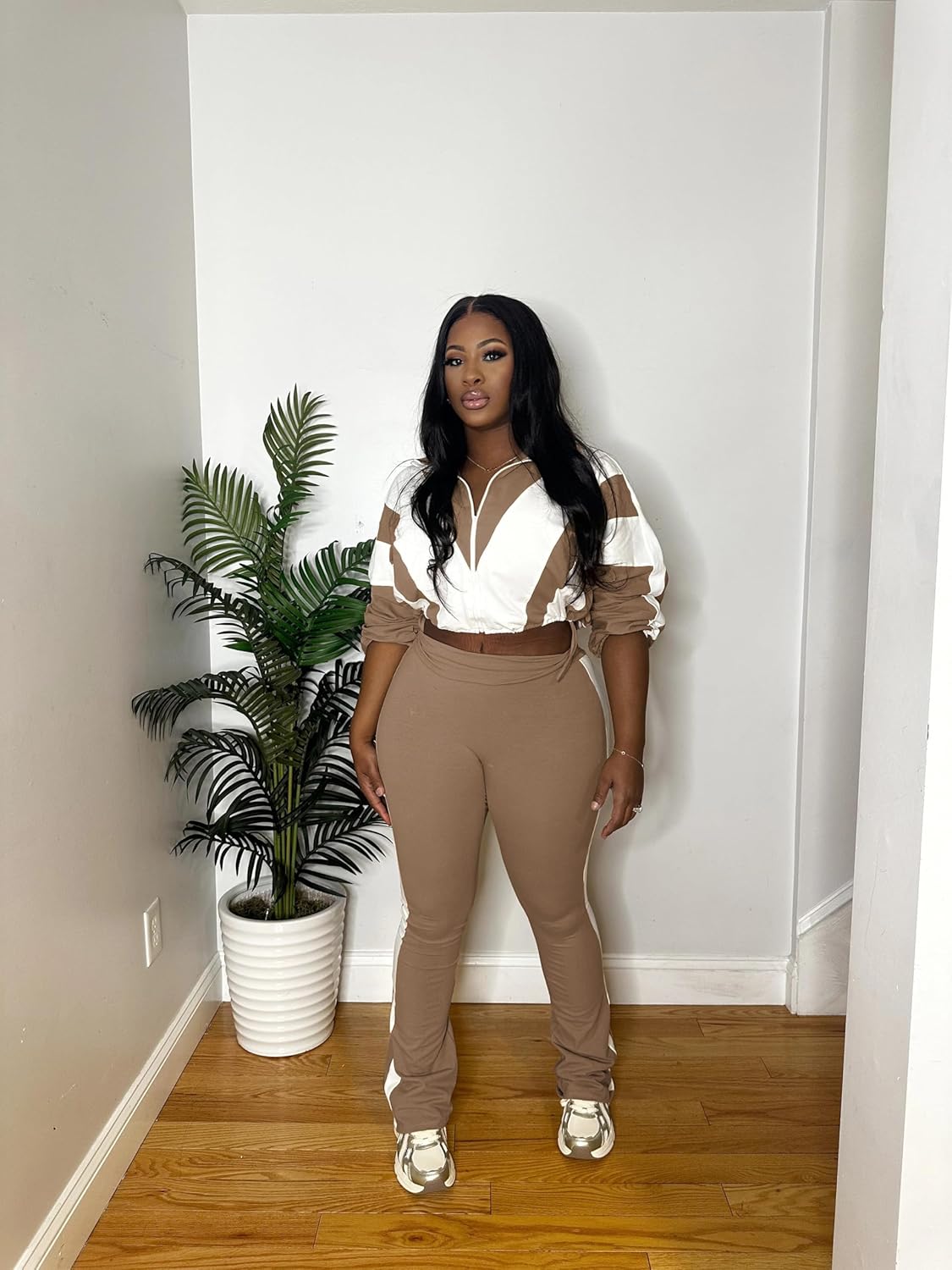 Vssjavun Women 2 Piece Outfit Color Block Long Sleeve Zip Drawstring Cropped Jacket Bodycon Long Pants Set Sweatsuit - Image 6