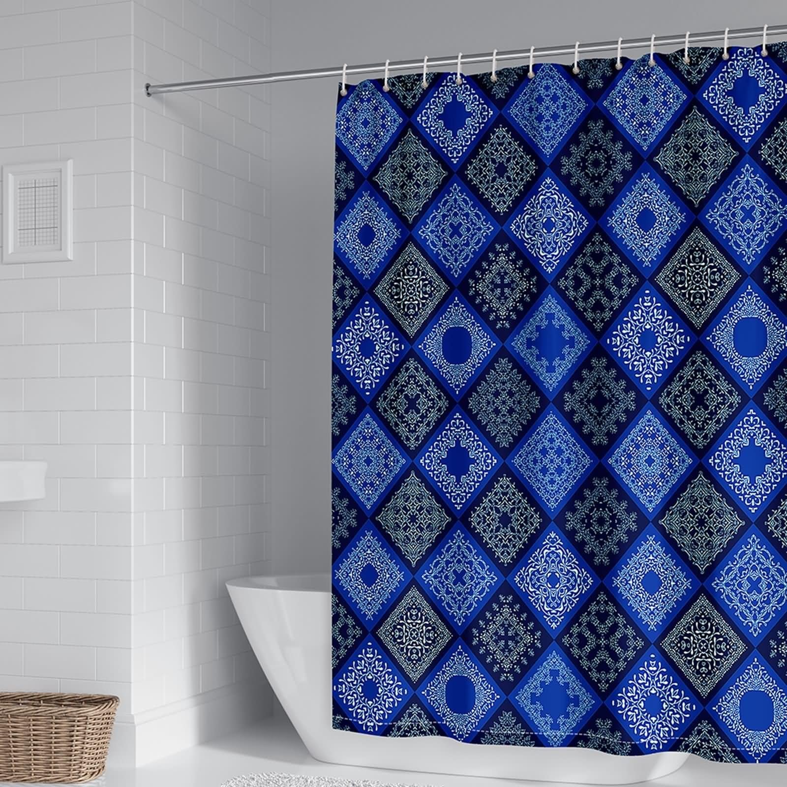 Duschvorhang 180X200, Duschvorhang Textil Waschbar Blau Weiß Schwarz Geometrisches Blumenmuster Badezimmer Duschvorhang