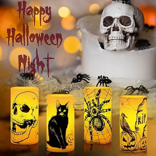 Miniatura 5 de Velas parpadeantes sin llama de Halloween, velas LED de pilar que funcionan con pilas, velas espeluznantes de Halloween, calabaza, araña, cráneo,