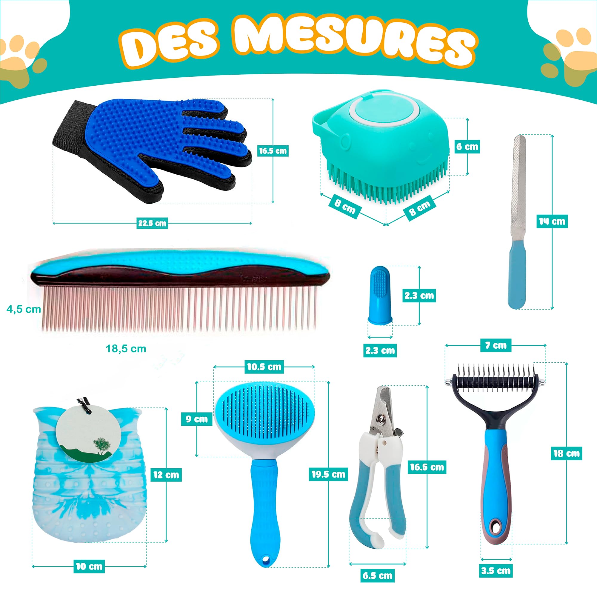 Kit Toilettage Chien Chat 9 Pièces – Brosse Chien, Brosse Chat, Gant Poil, Coupe Ongle, Lave Pattes et Accessoires Toilettage