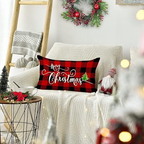 Miniatura 2 de Jbralid Fundas de almohada de Navidad de 16 x 24 pulgadas color rojo y negro a cuadros decoración de Navidad árbol de Navidad funda de almohada de