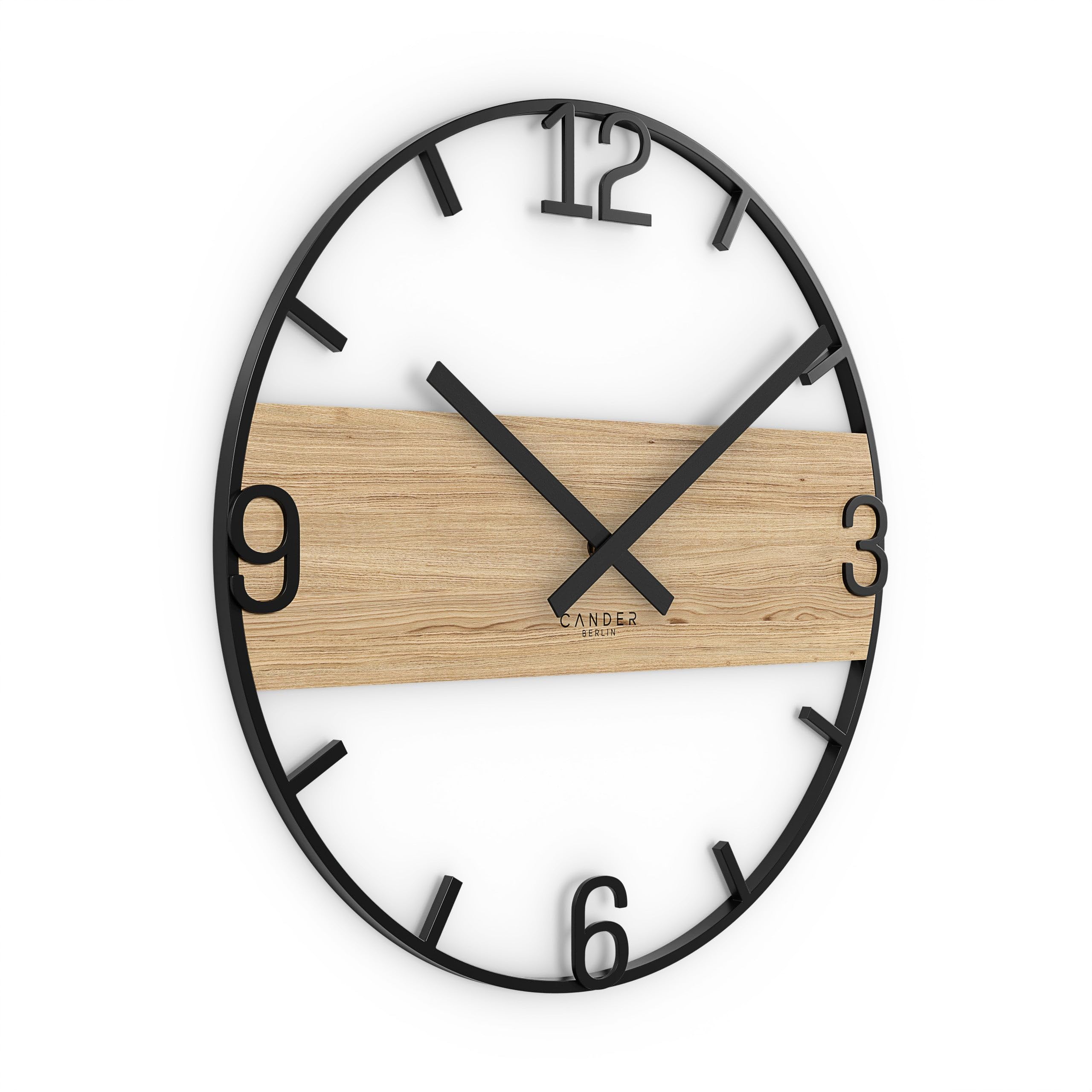 Cander Berlin ADEON XXL Vintage Wanduhr lautlos 45 cm Metall Holz Eichenfurnier ohne Tickgeräusche modern schwarz Wohnzimmer