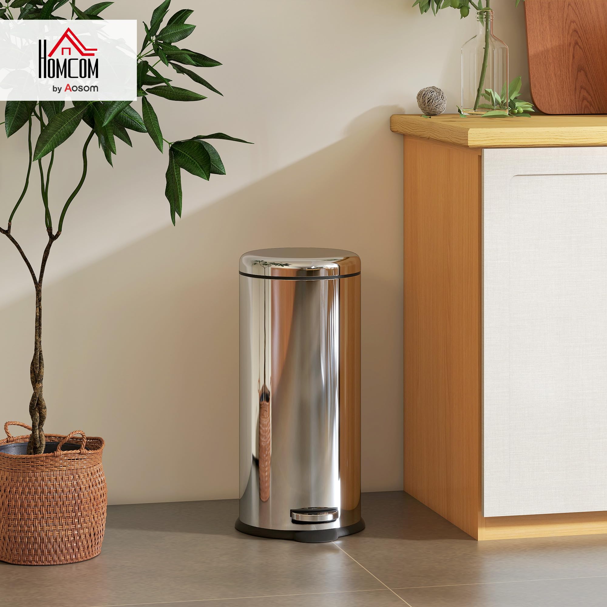 HOMCOM Cubo de Basura con Apertura a Pedal 30 L Ф29,2x62,9 cm Plateado | Basurero Automático, Cierre Interno Extraíble, Acero Inoxidable