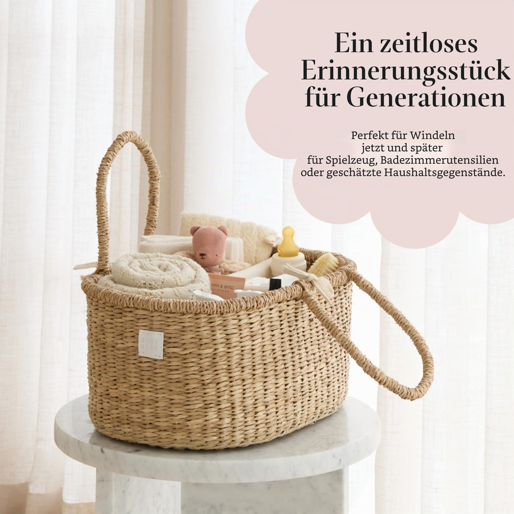 BEBE BASK Baby-Wickeltasche, handgefertigt, Bio-Seegras, luxuriöser Windelkorb, niedlicher Windelkorb für Mädchen, Wickeltasche für Babys, Jungen, Kindergarten