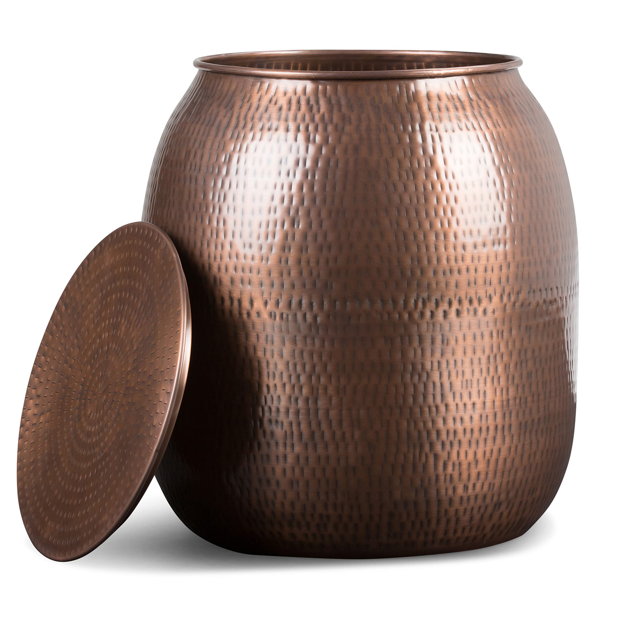 SIMPLIHOME Griffen 19" Wide Round Storage Metal Table in Antique Copper | Industrial round drum side table with hidden storage space; assembled accent table or end table for living room use.