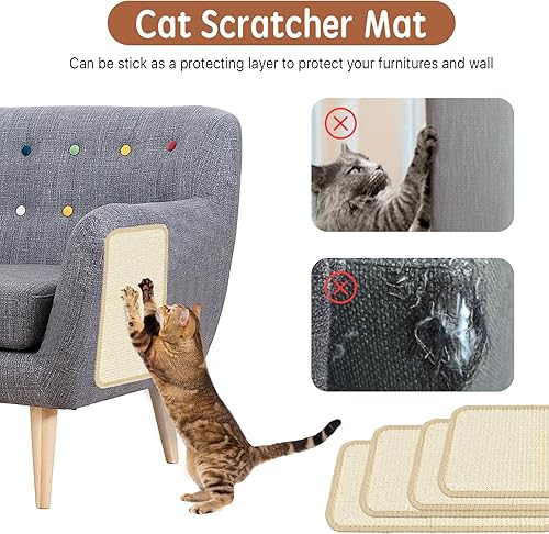 Miniatura 4 de Elesunory 5 piezas de rascador de pared para gatos, de sisal con cinta adhesiva, tapete rascador para gatos de interior, protege muebles de pared,