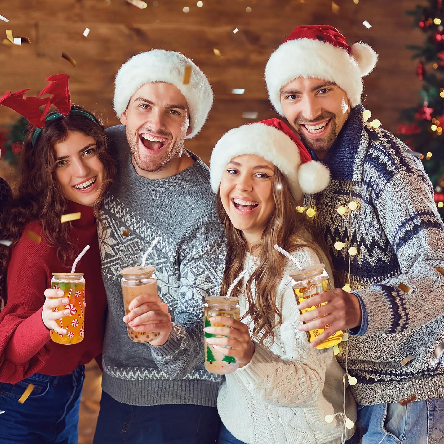 4Pcs Christmas Glass Cups, 16oz Christmas Mason Jars with Lid and Straw Tumbler Drinking Glasses Coffee Cups Jar Decor Glassware Water Bottles Xmas Home Decorations Gift for Kids Women Men - Image 5