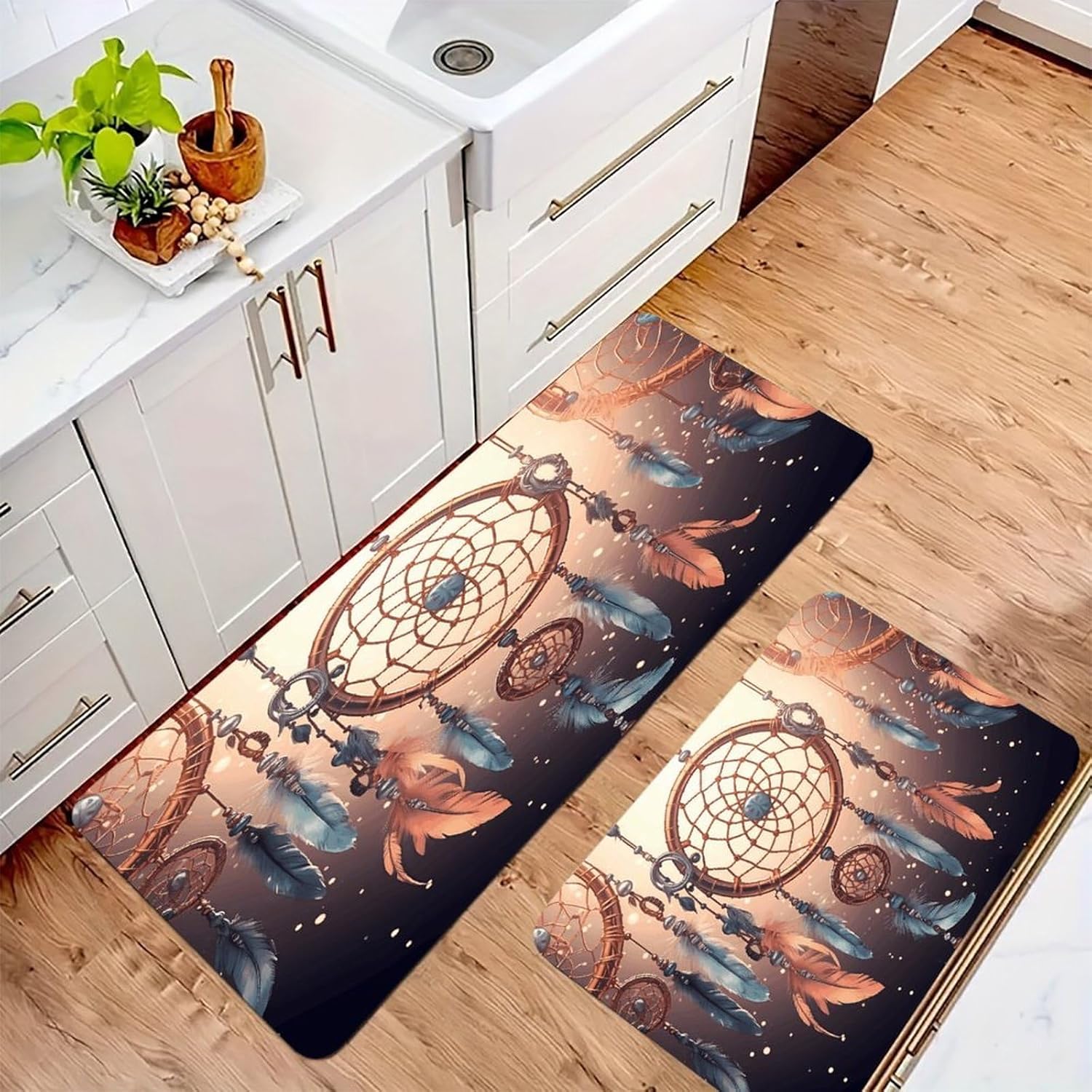 Native American Dream Catcher Kitchen Mat Washable Non Slip Rugs Soft Kitchen Mats for Floor Set of 2 PCS Cushioned Absorbent Runner Standing Rugs for Home Sink Laundry Office