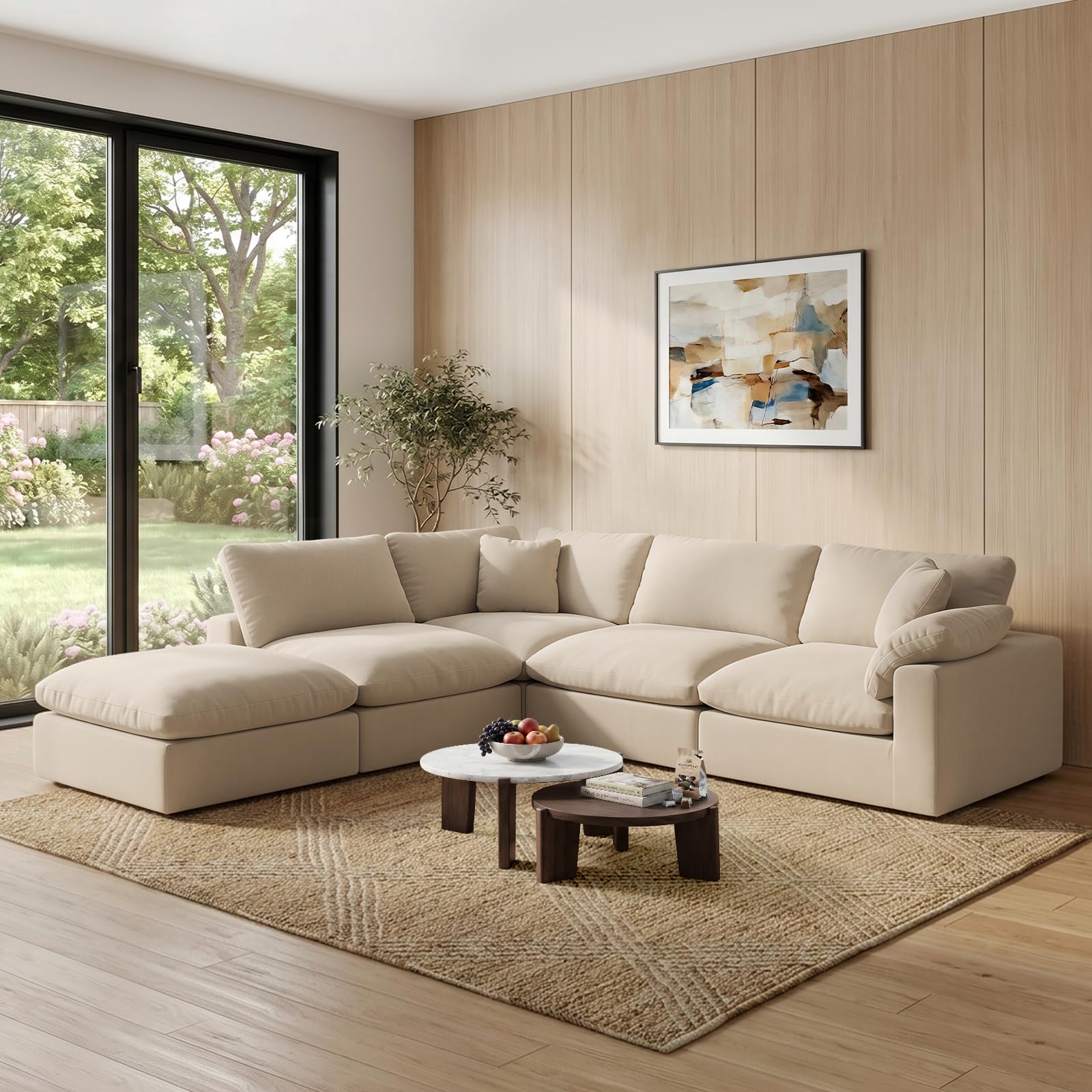 143" Cloud Modular Sectional Sofa,Khaki Down Filled Sofa 4 Seat with Chaise,Minimalist Sofa Cover Washable and Replaceable Couches for Living Room,Sectional Sofa Deep Seat