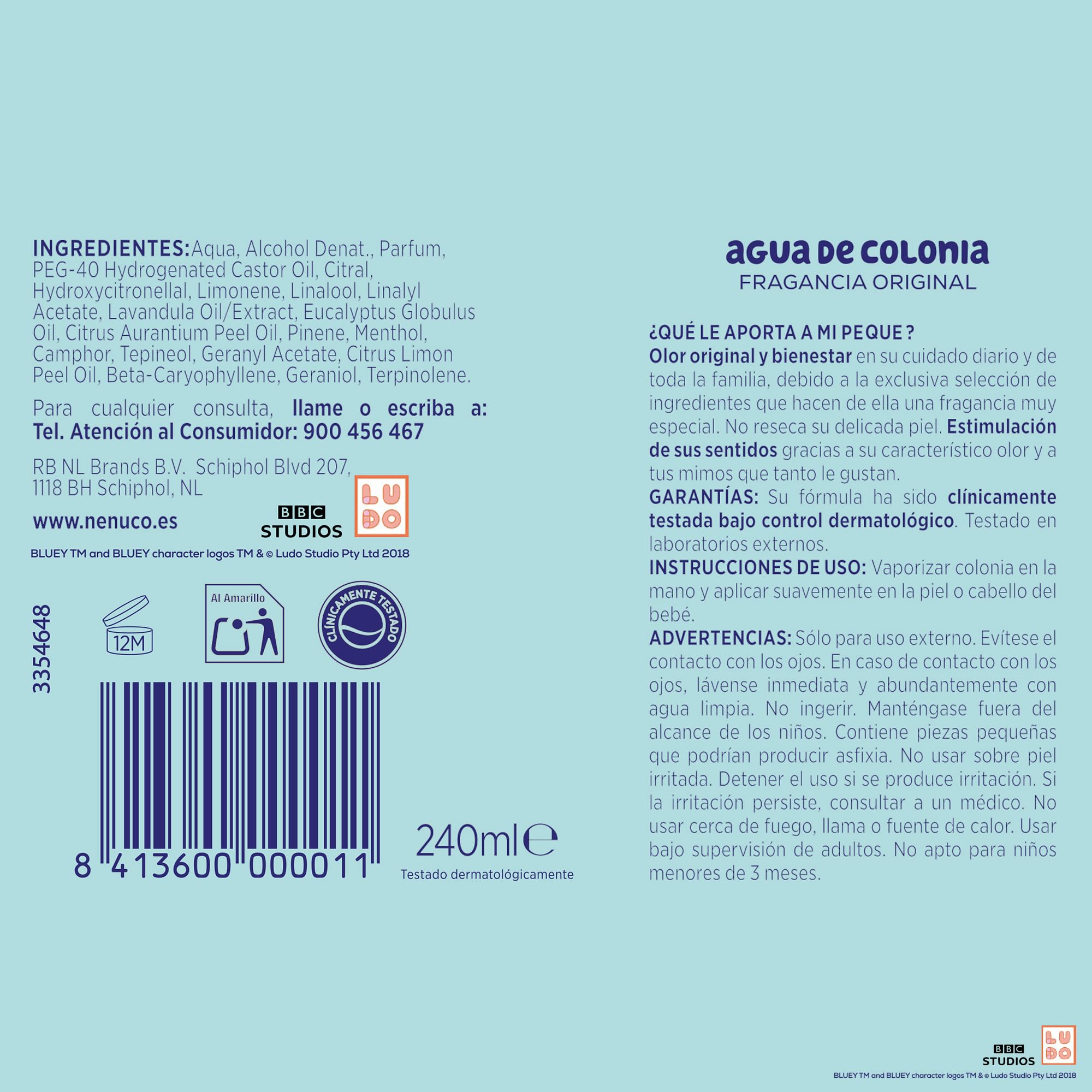 Nenuco Eau de Colonia Fragranza Originale, Edizione Limitata Bluey, Consigliata per Neonati (a partire dai 3 mesi), Formato Spray 240 ml