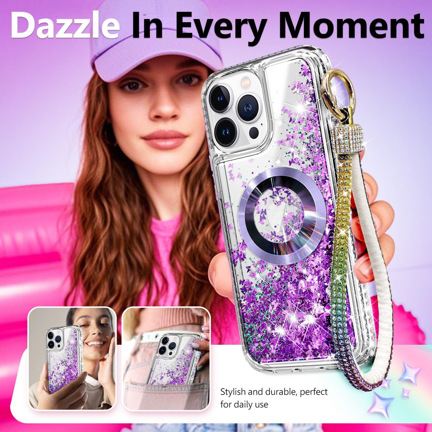 NGB Designed for iPhone 14 Pro-Max Case, Purple | Magnetic Compatible with MagSafe | Glitter Liquid Sparkle Cute Cover for Women Girls | with Screen Protector & Camera Lens Protector & Wrist Strap - Image 6