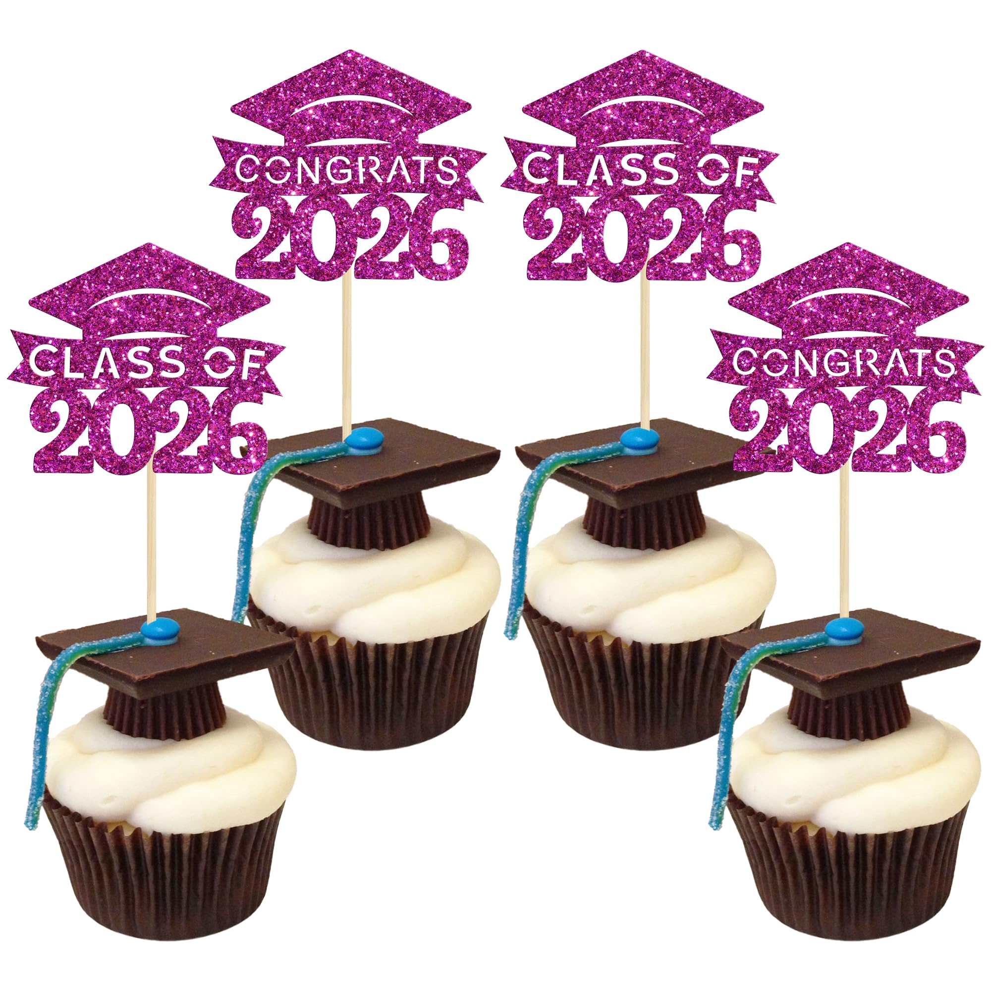 36Pcs Graduation Cap Cupcake Toppers 2026 Glitter Class of 2026 Cupcake Grad Cap Picks Decorations for 2026 Graduation Theme Party Supplies Purple