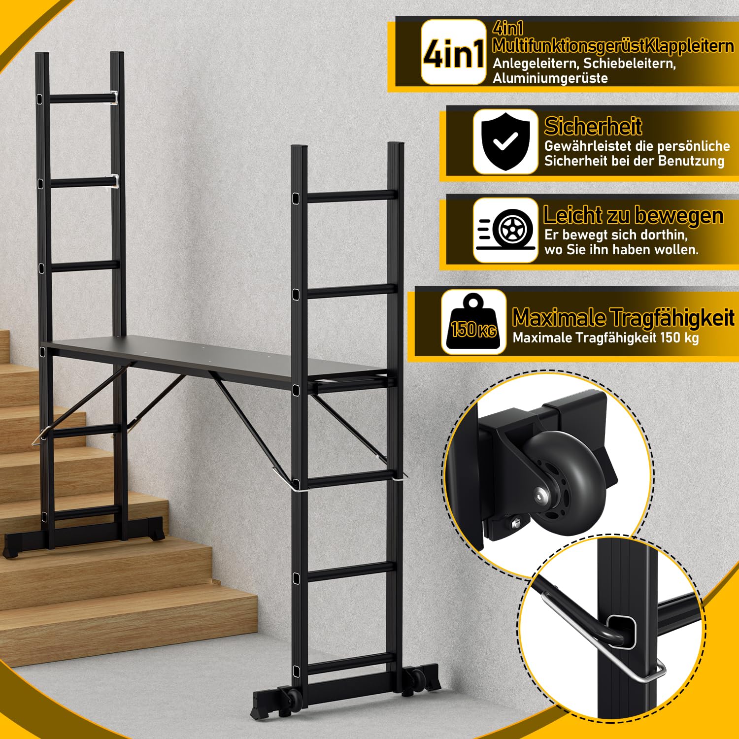 Daromigo Multifunctional Ladder 4x4, 4-in-1 Aluminium Ladder, Folding Ladder, Mobile Scaffolding, Ladder, Work Platform, Multifunctional Ladder, Maximum Load 150 kg, Black