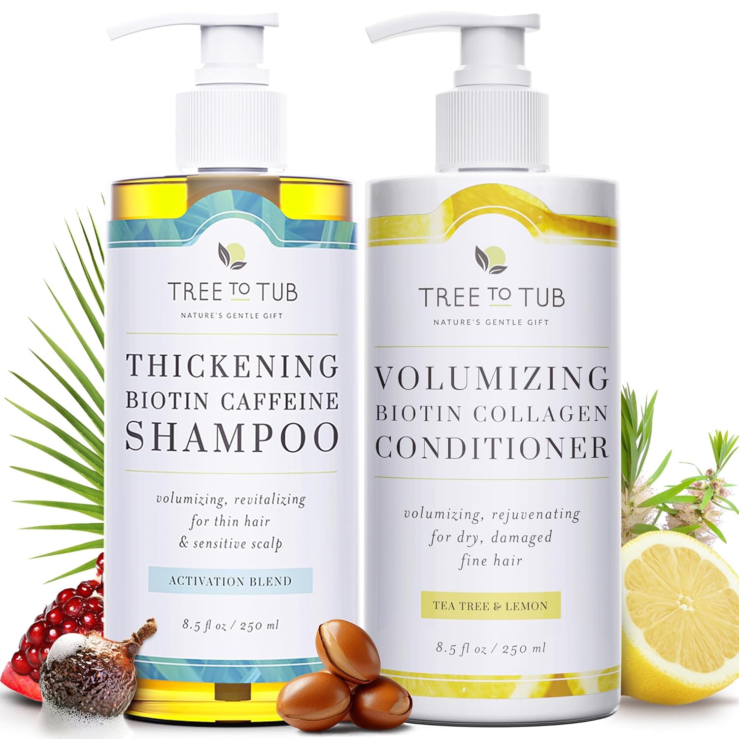 Tree To Tub Volumizing Biotin Shampoo & Conditioner Bundle - For Thicker, Stronger, Shinier Hair - Formulated with Vegan Collagen, Caffeine, Argan Oil & Natural Essential Oils