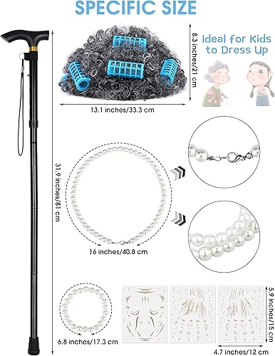 Miniatura 3 de SOMSOC Disfraz de anciana de 14 piezas para niñas de 100 días de escuela, juego de cosplay de abuelita, peluca de disfraz de abuela, conjunto de