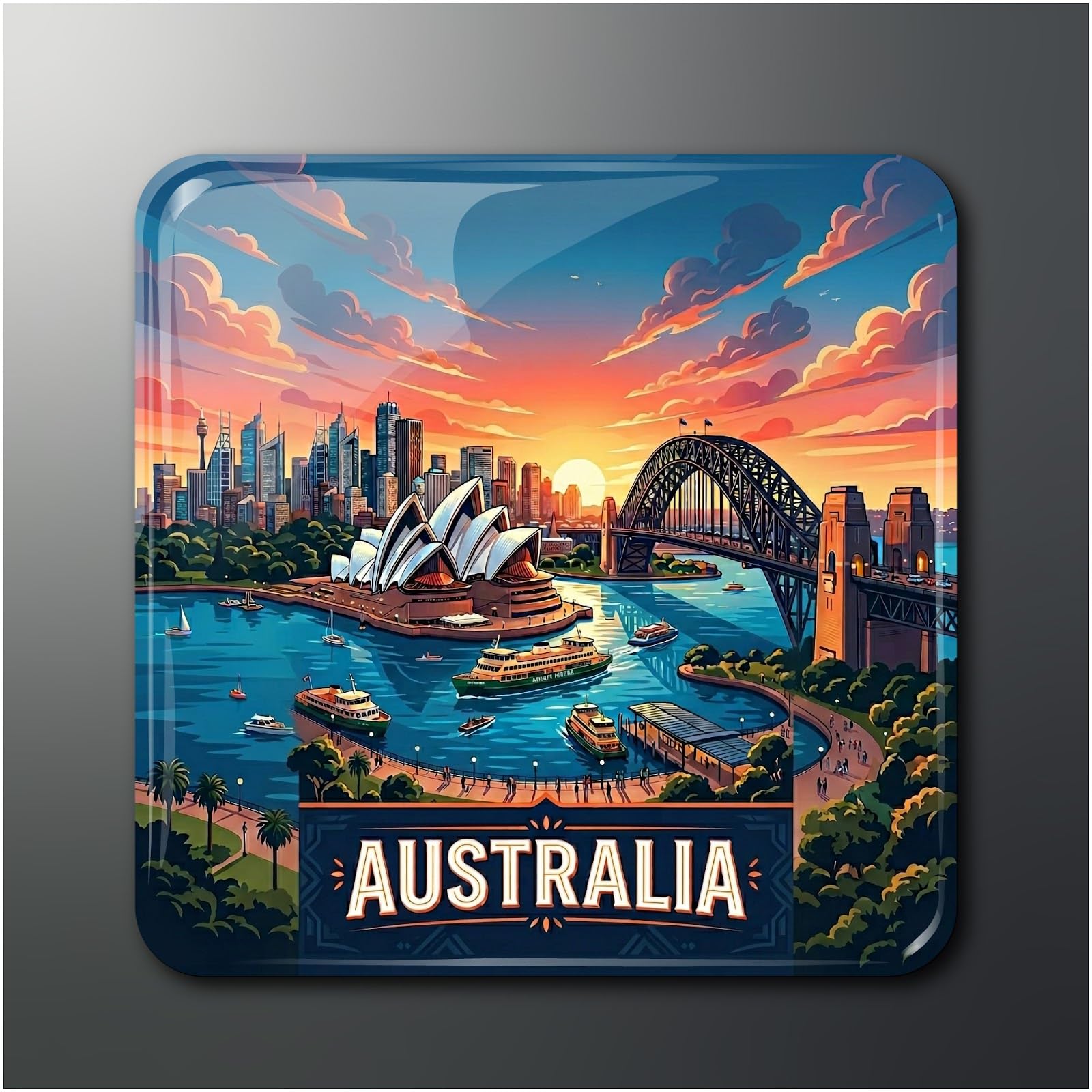 OPRYX Australia Souvenir Fridge Magnet - Sydney Opera House and Harbour Bridge Sunset Skyline Design - Glossy Finish Decorative Magnet for Home and Kitchen, Multicolour, Square-image-47