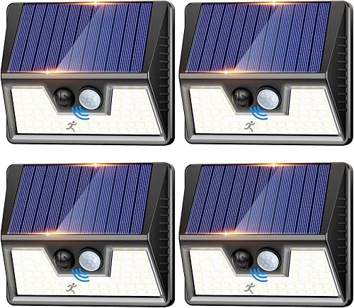 Peasur Luces solares con sensor de movimiento para exteriores, paquete de 4 luces solares para valla con impermeabilidad IP65, 3 modos de
