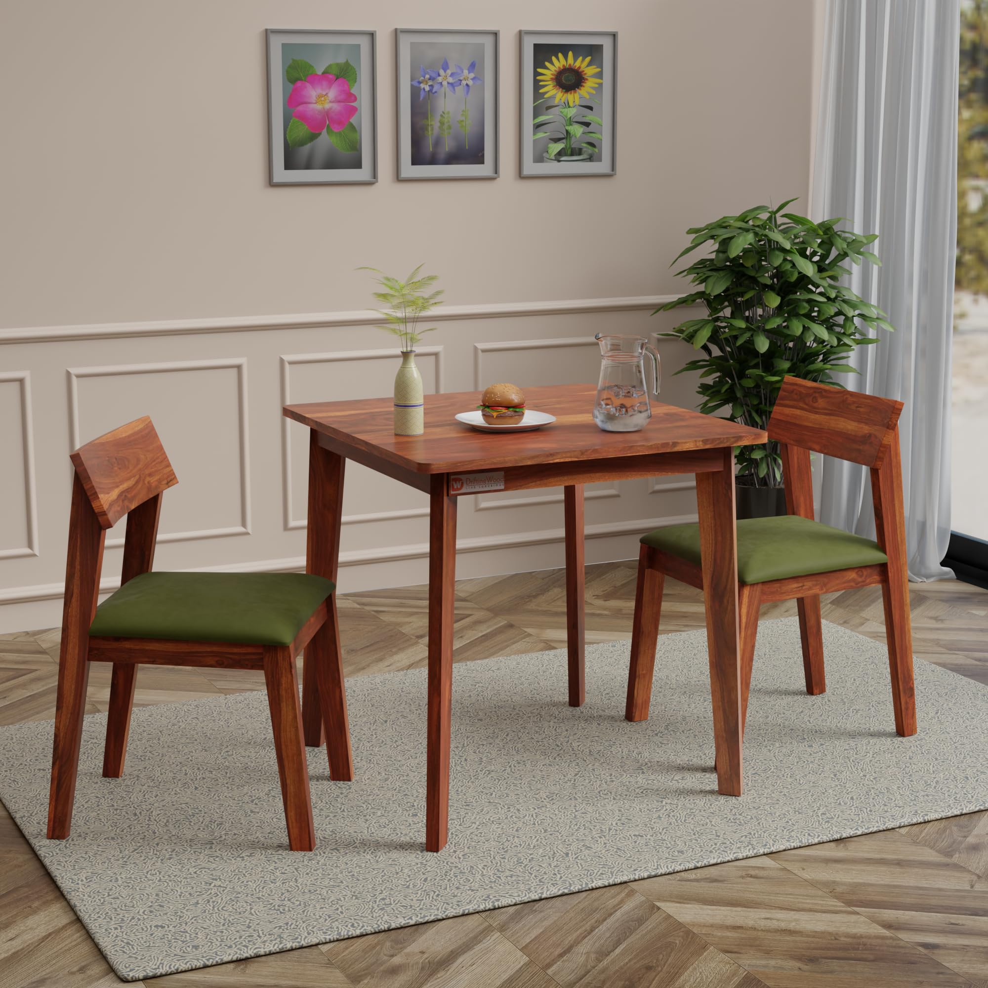 DRIFTINGWOOD Liana 2-Seater Sheesham Wood Dining Table Set – in Natural Honey Finish with Table & 2 Cushioned Chairs – Ideal for Small Kitchens & Compact Living Spaces – Assembly Required (Green)-image-19
