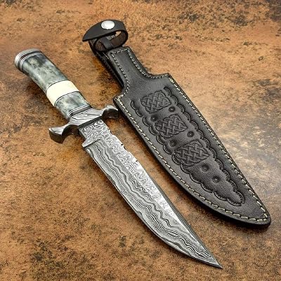 KE-01278-HK Custom and Handmade Damascus Steel Hunting Knife with Leather Sheath
