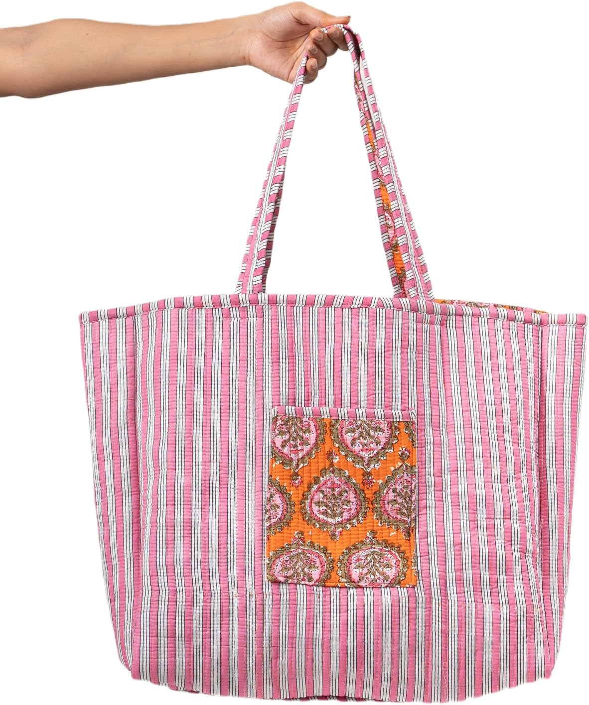 Women's Unique Quilted Large Cotton Fabric Tote Bag Travel Grocery Shopping Weekend Trips with Inside Pocket - Image 6