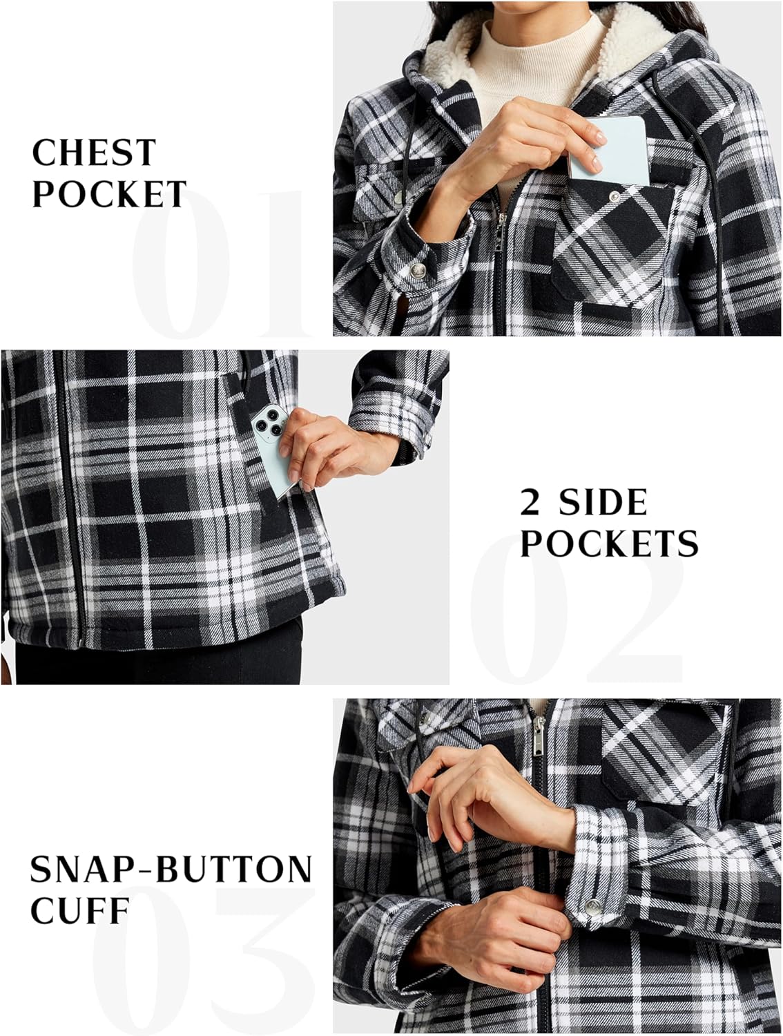 MoFiz Women's Fleece Zip Up Hoodie Flannel Plaid Hoodie Winter Warm Casual Sweatshirts With Pocket - Image 6