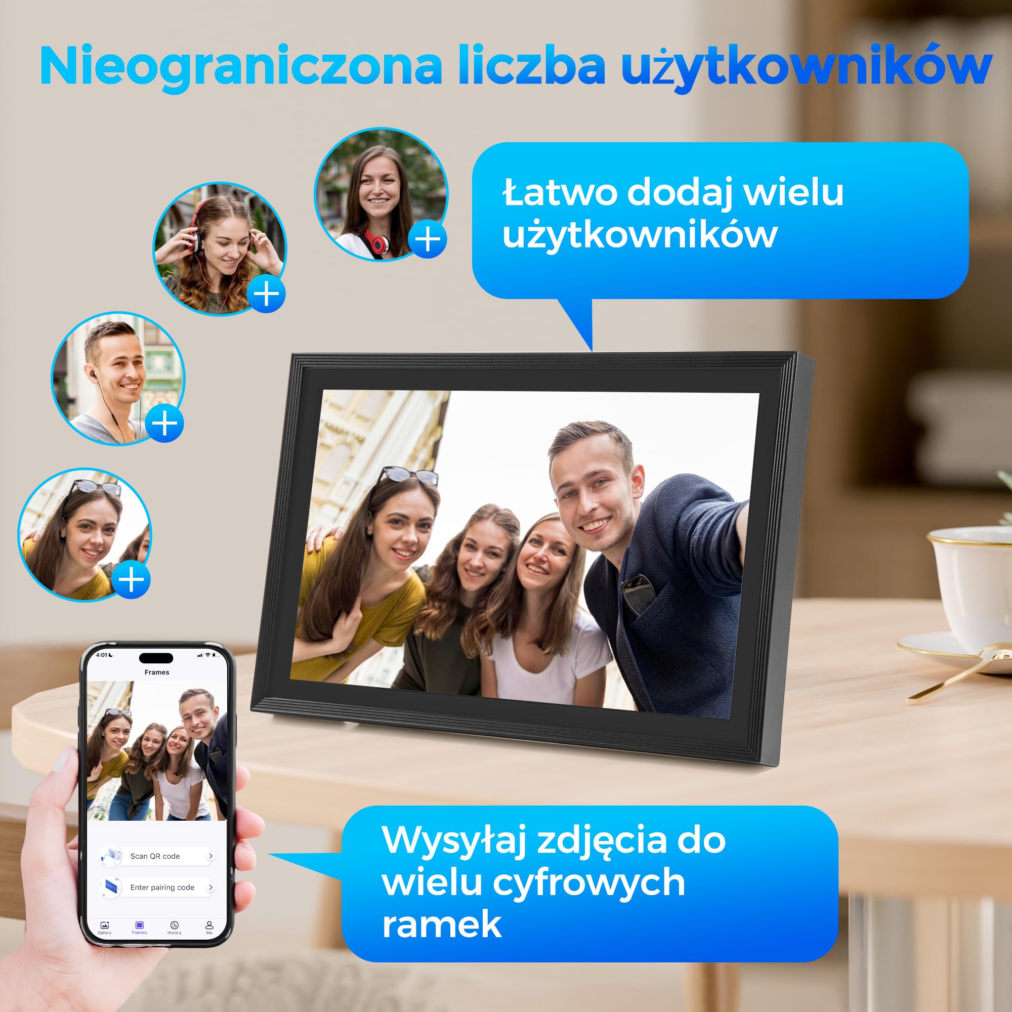Saaf Cyfrowa ramka na zdjęcia – ekran dotykowy 10,1" – WiFi & App 'Uhale' – 64 GB pamięci masowej (wewnętrzna 32 GB + 32 GB SD) – cyfrowa ramka na zdjęcia – czarna – łatwa obsługa